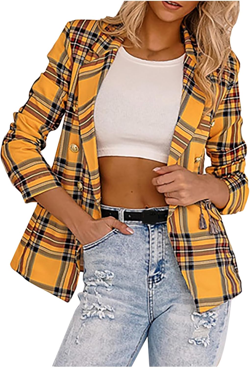 Women’s Blazer Plaid Blazers for Women Work Office Casual Long Sleeve Lapel Button Fashion Jacket Suit Business