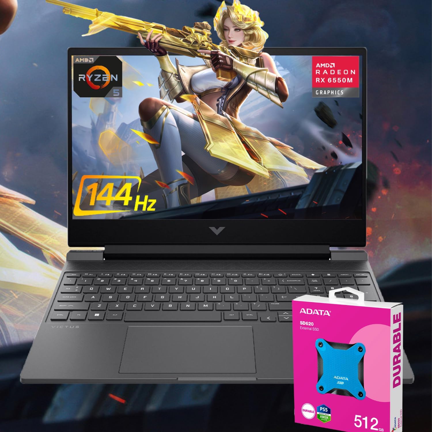 HP Victus Ryzen 5 Gaming Laptop, 15.6 FHD 144Hz, Ryzen 5 7535HS (Beats Intel i5-13420H), AMD Radeon RX 6550M (Beats NVIDIA GeForce RTX 3050), 64GB RAM, 2TB SSD, W11H, with 512GB External SSD Bundle