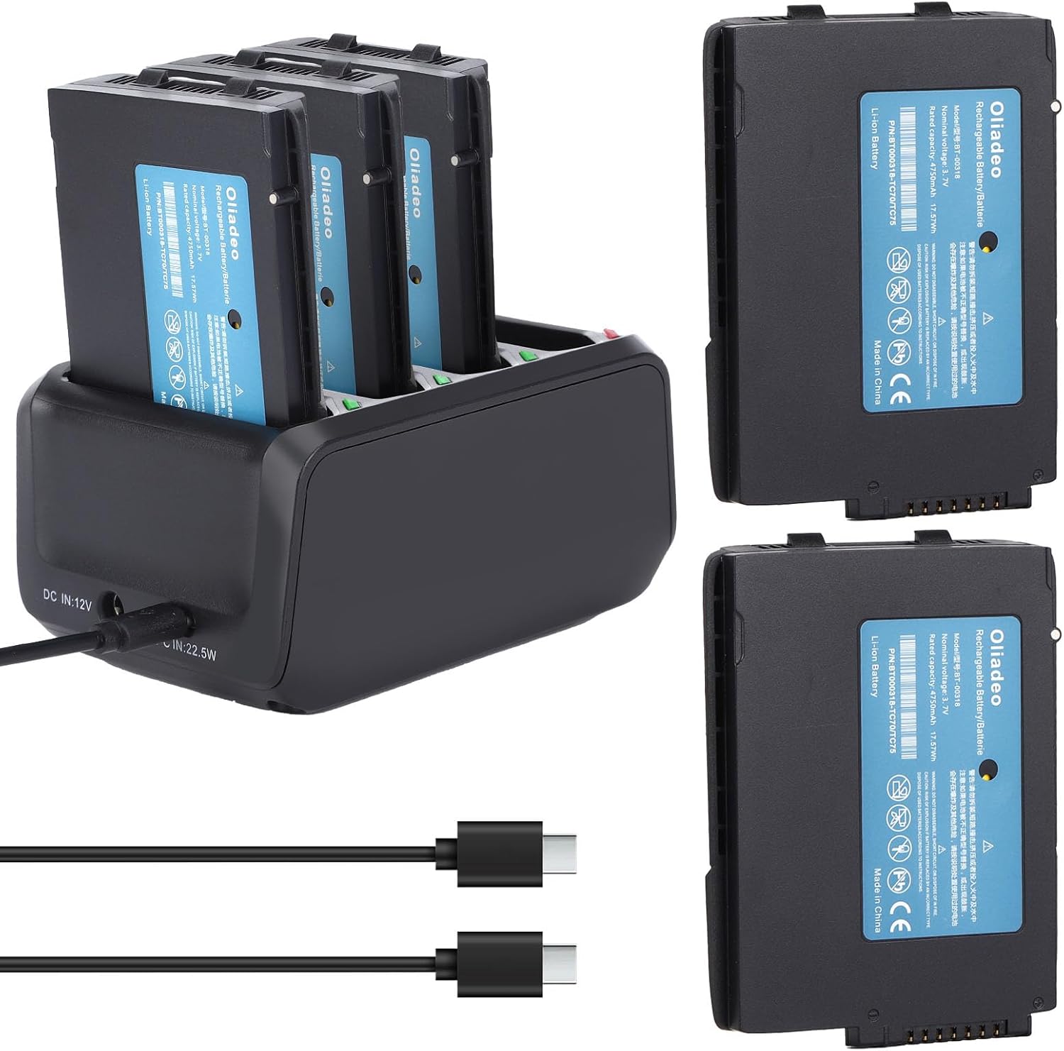 4-Slot TC77 Battery Charging Cradle: with 5-Pack BT-000318 Battery Replacement for Zebra Symbol TC77 TC70 TC70X TC72 TC75 TC55 Barcode Scanner SAC-TC7X-4BTYC1 Charger Station with Type-C Cable