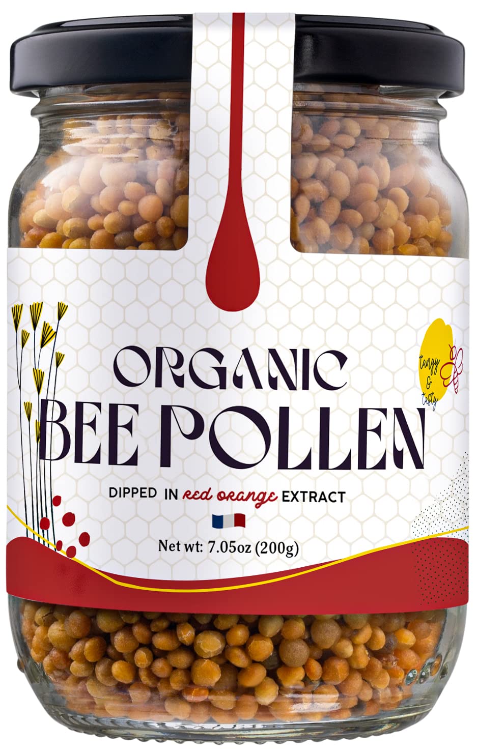 Gourmanity Bee Pollen 200gr/7.05oz, Raw Organic Bee Pollen Granules Dipped in Red Orange Extract, Superfood Packed with Proteins, Vitamins & Minerals, Organic, Non-GMO Raw Bee Pollen from France