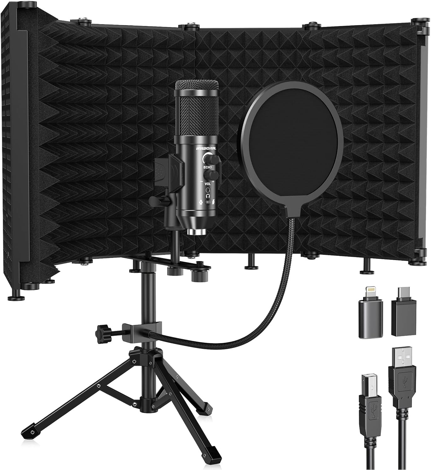 Studio Recording Microphone Isolation Shield with Pop Filter and Metal Tripod Stand, USB Condenser Mic to PC Laptop Smartphone, Studio Microphone for Recording Singing Podcasting