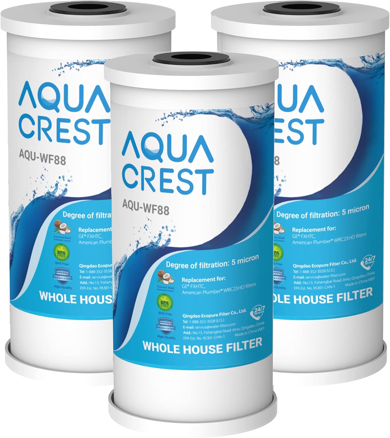 AQUA CREST FXHTC Water Filter Whole House Water Filter, Well Water Filter Replacement for GE® FXHTC, GXWH40L, American Plumber W10-PR, Culligan® RFC-BBSA, W10-BC, Carbon Filters, 5 Micron, Pack of 3