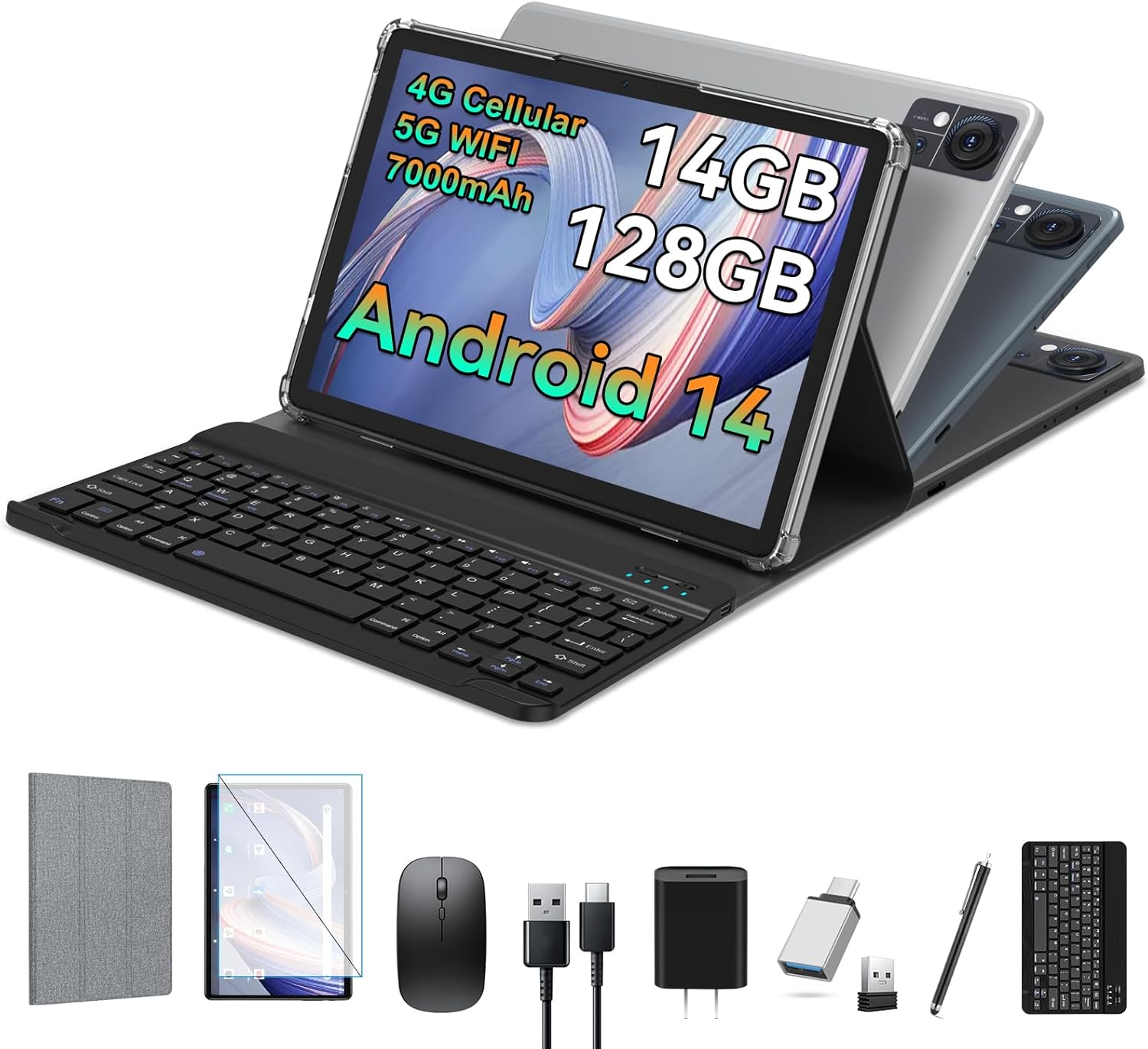 Android 14 Tablet 4G Cellular 14GB RAM(8+6 Virtual)+128GB ROM+1TB, 2024 5G WIFI Tablet 10.1 Inch Incell Large Screen, 2 in 1 Tablet with Keyboard Octa-Core 7000mAh Battery, Bluetooth/Mouse/Case