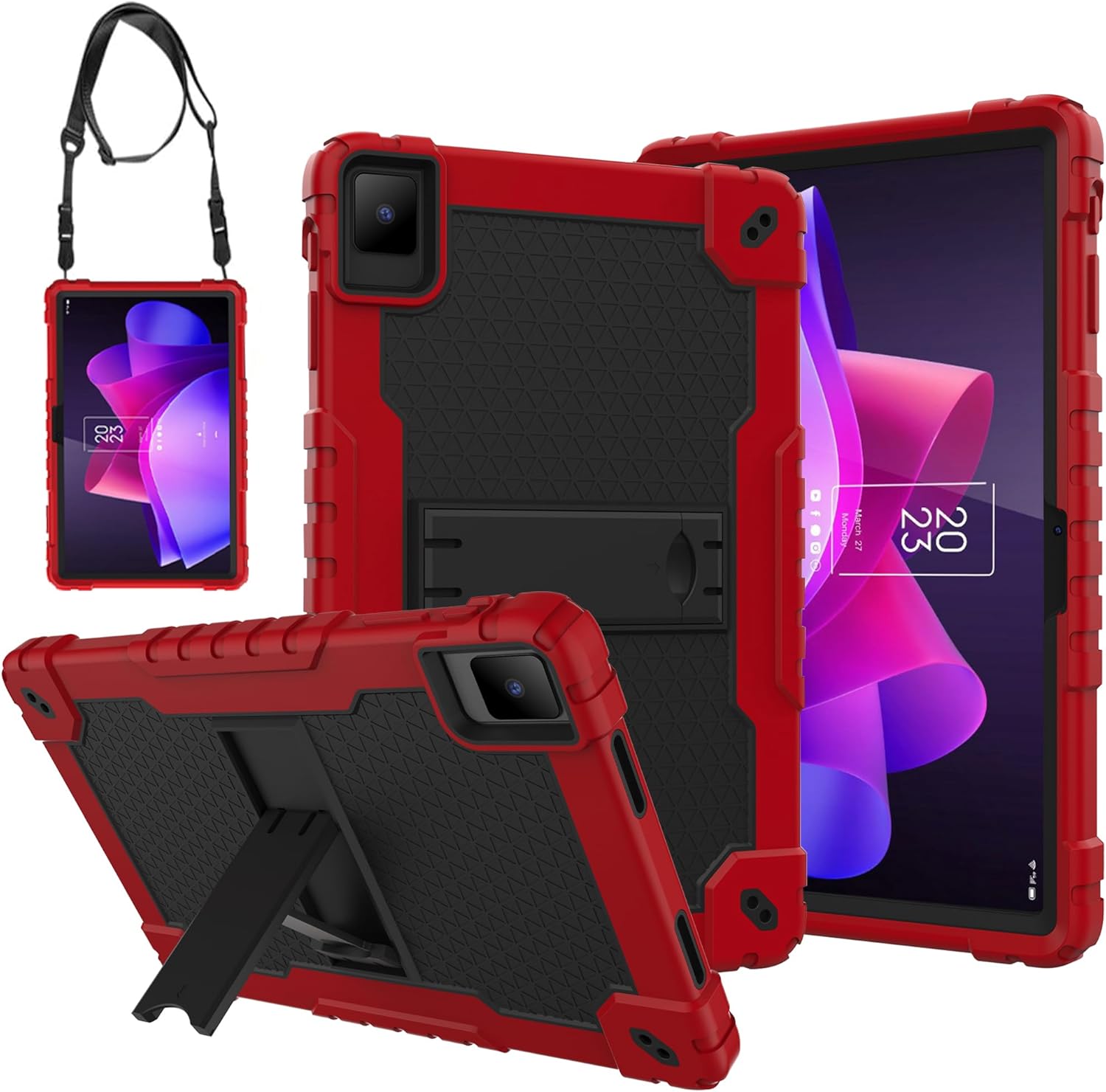 Case for TCL NXTPAPER 11 Tablet, Shockproof Case with Stand for TCL NXTPAPER 11 inch 9166G/9466X 2023 Android 13 Tablet, Kids Friendly Rugged Armor Cover with Shoulder Strap (Red+Black)