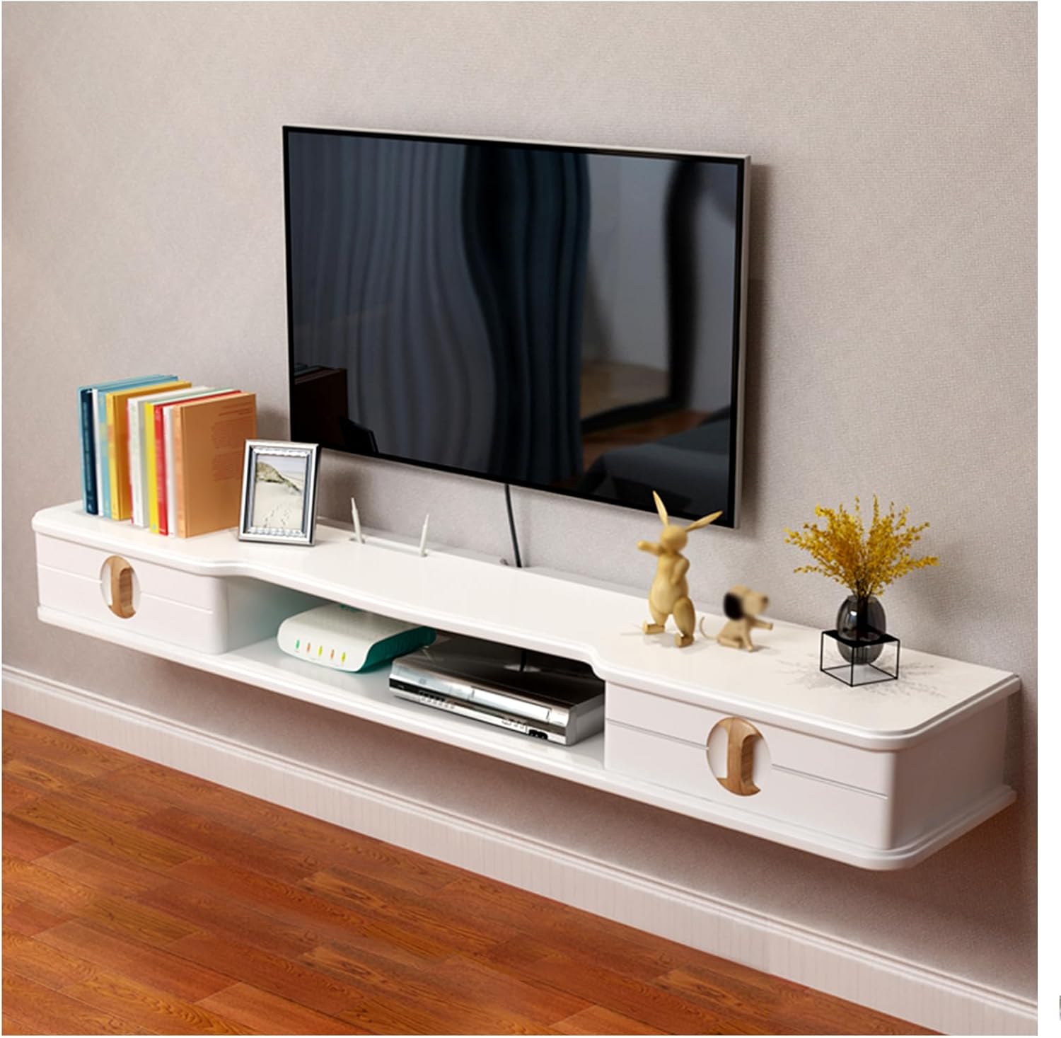 Floating TV Console, Wall Mounted TV Stand, Floating Entertainment Console, Wood TV Media Center, TV Shelf with Storage for Living Room Bedroom (A, 59.1 in/150 cm)