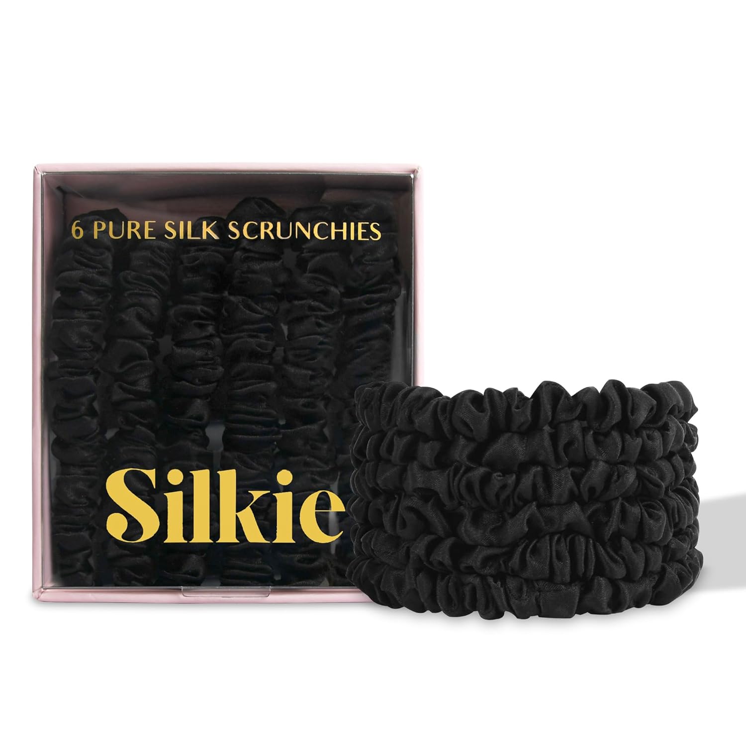 SILKIE x6 Set 100% Pure Mulberry Silk Black Noir Dark Midnight Neutral Skinny Scrunchies Travel Pouch Everyday Hair Ties Elastics Hair Care Ponytail Holder No Damage (Midnight)