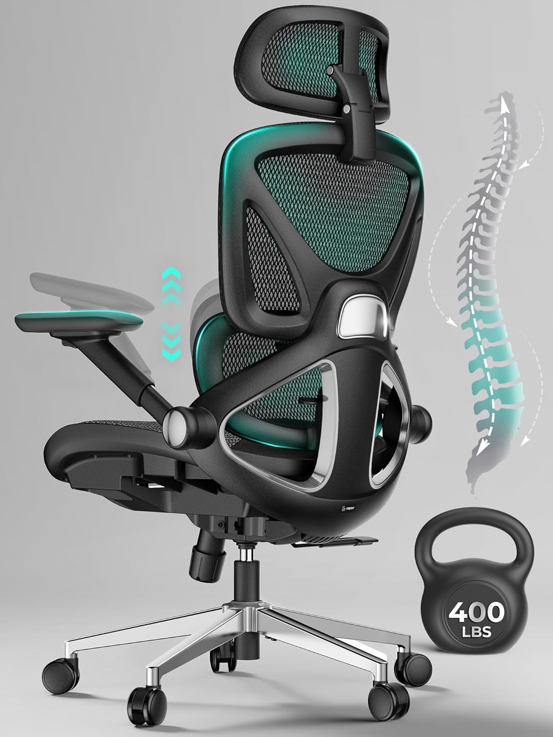 Ergonomic Mesh Office Chair, Adjustable Lumbar High Back Desk Chair 400lbs, 4D Flip-up Arms, 3-Level Tilt Backrest, 3D Headrest, PU Wheels, Swivel Rolling Computer Chair for Long Desk Work