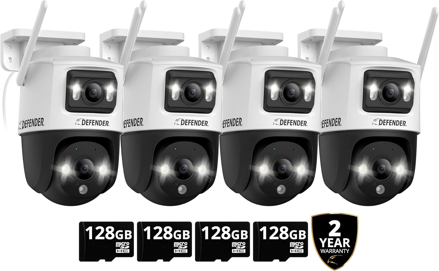 Defender Exclusive Bundle: AI Powered Guard Pro 3K Plus Dual Lens PTZ WiFi 6/Bluetooth, Plug & Play Security Camera, 4 Pack, Human/Vehicle Detection, AI Auto-Tracking, 4 x 128GB SD Card, Mobile App