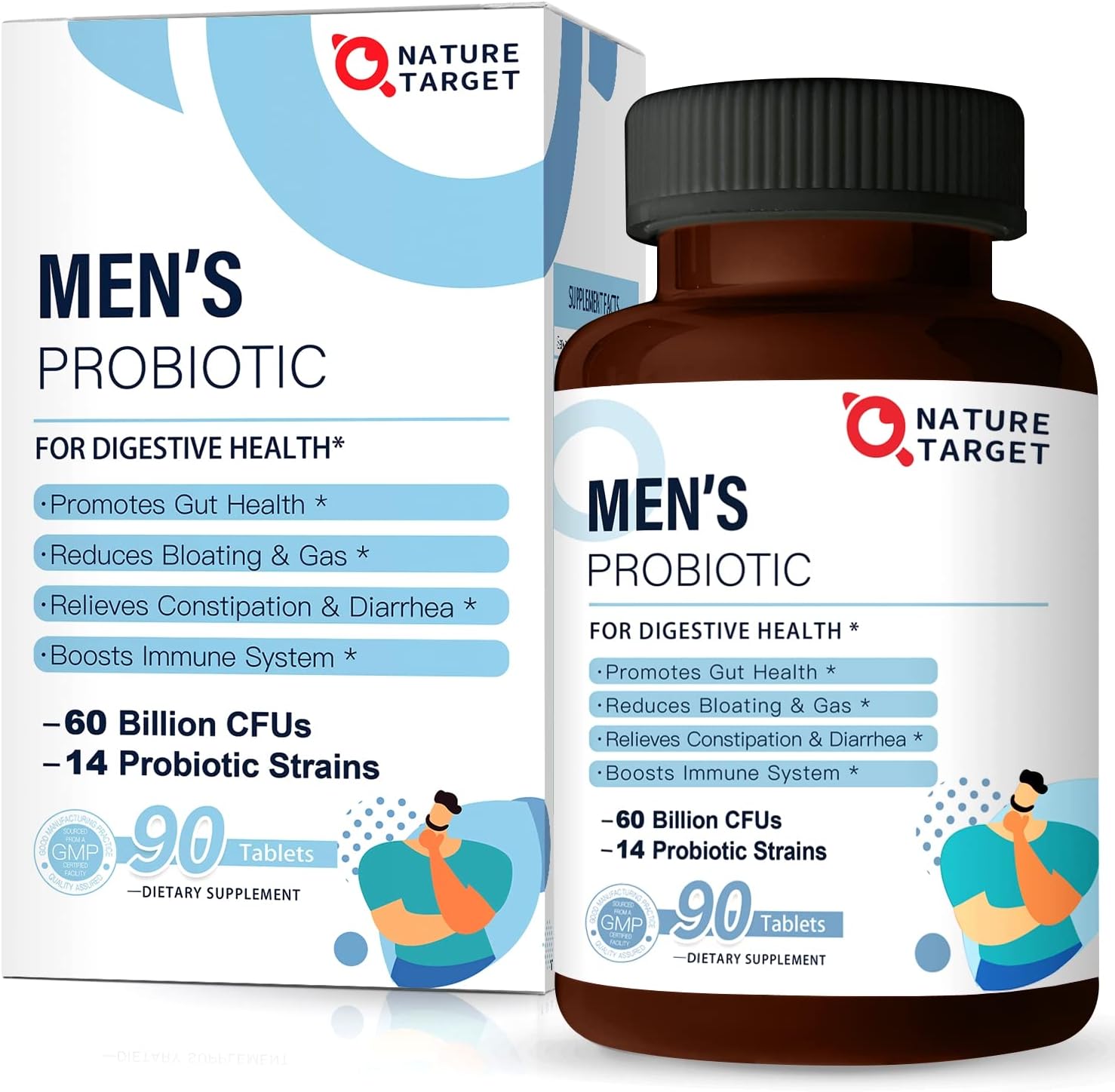 NATURE TARGET Probiotics for Men with Men Care Supplement, Prebiotics & Probiotic for Men’s Digestive and Immune Health,60 Billion CFUs & 14 Strains Shelf Stable, Gluten & Soy Free (90 Tablets)