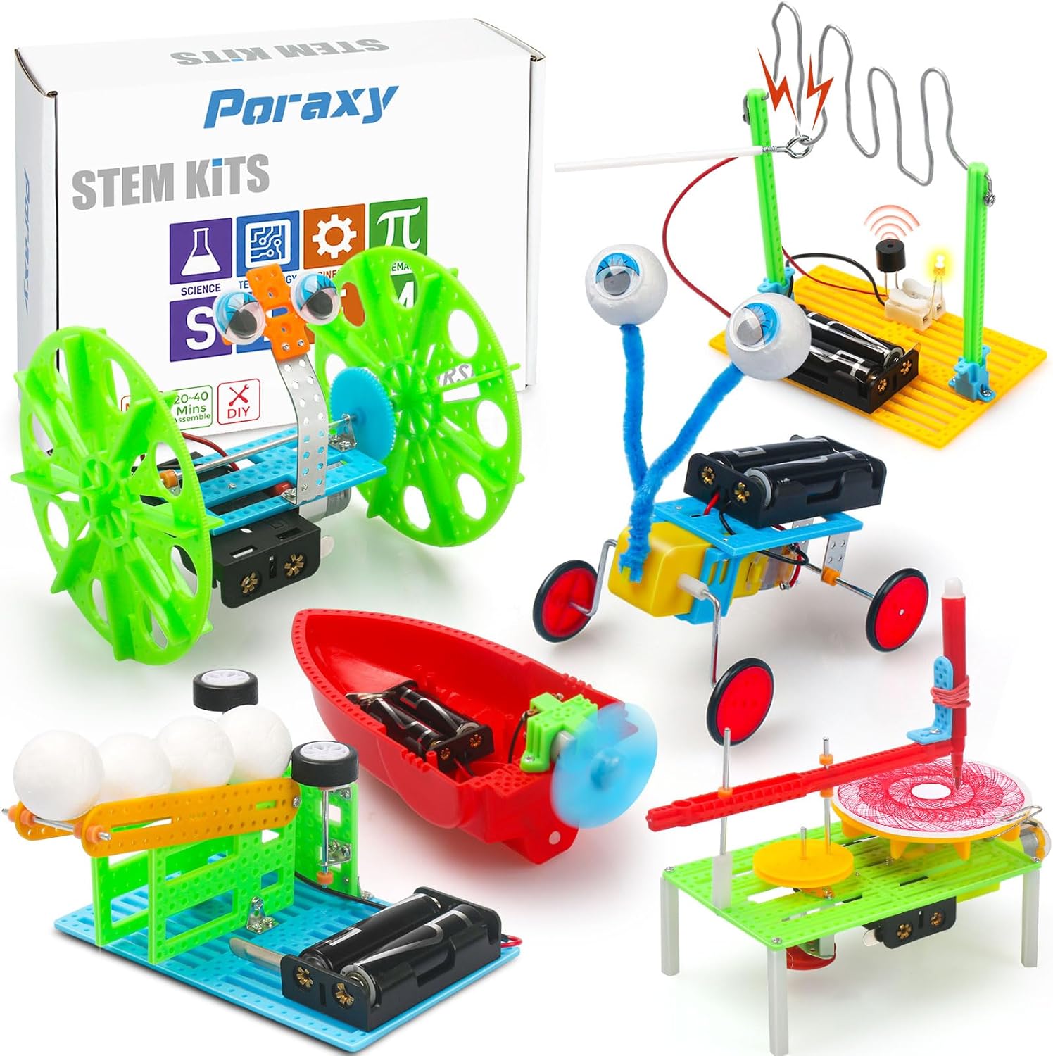 Poraxy 6 Set STEM Kits, Science Kits for Kids Age 5-7 8-12, DIY DC Motor Electric Robotic Experiments Circuit Building Projects, Toys for Ages 8-13, Gifts for 6 7 8 9 10 11 12 Year Old Boys and Girls