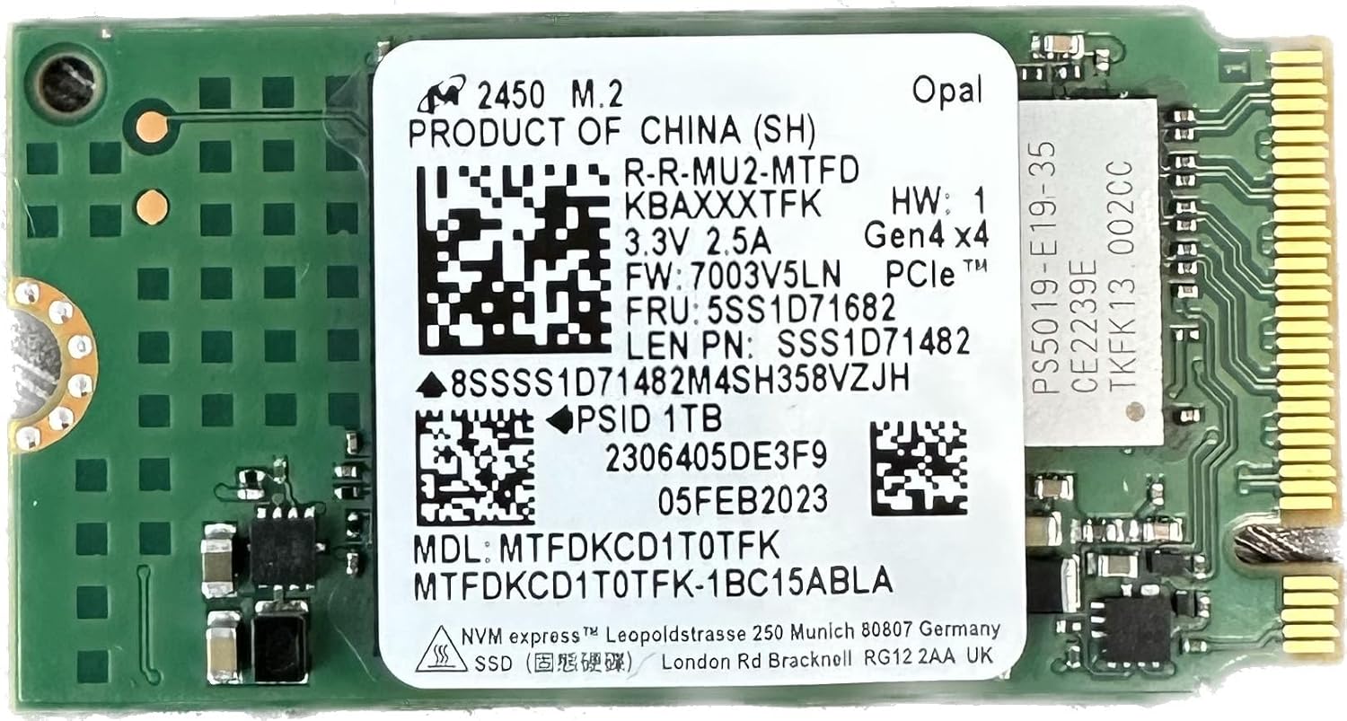 Micron 1TB 2450 M.2 2242 42mm PCIe Gen 4 x4 TLC PC NVME SSD, for Lenovo Thinkpad X1 Nano Titanium Flex E14 E15 Gen 4 E16 Inspiron Ultrabook Tablet – Internal Solid State Drive (OEM New)