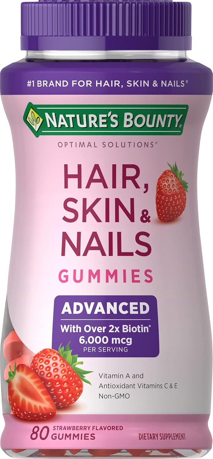 Nature’s Bounty Optimal Solutions Advanced Hair, Skin, Nails, 2X Biotin, 80 Strawberry Gummies