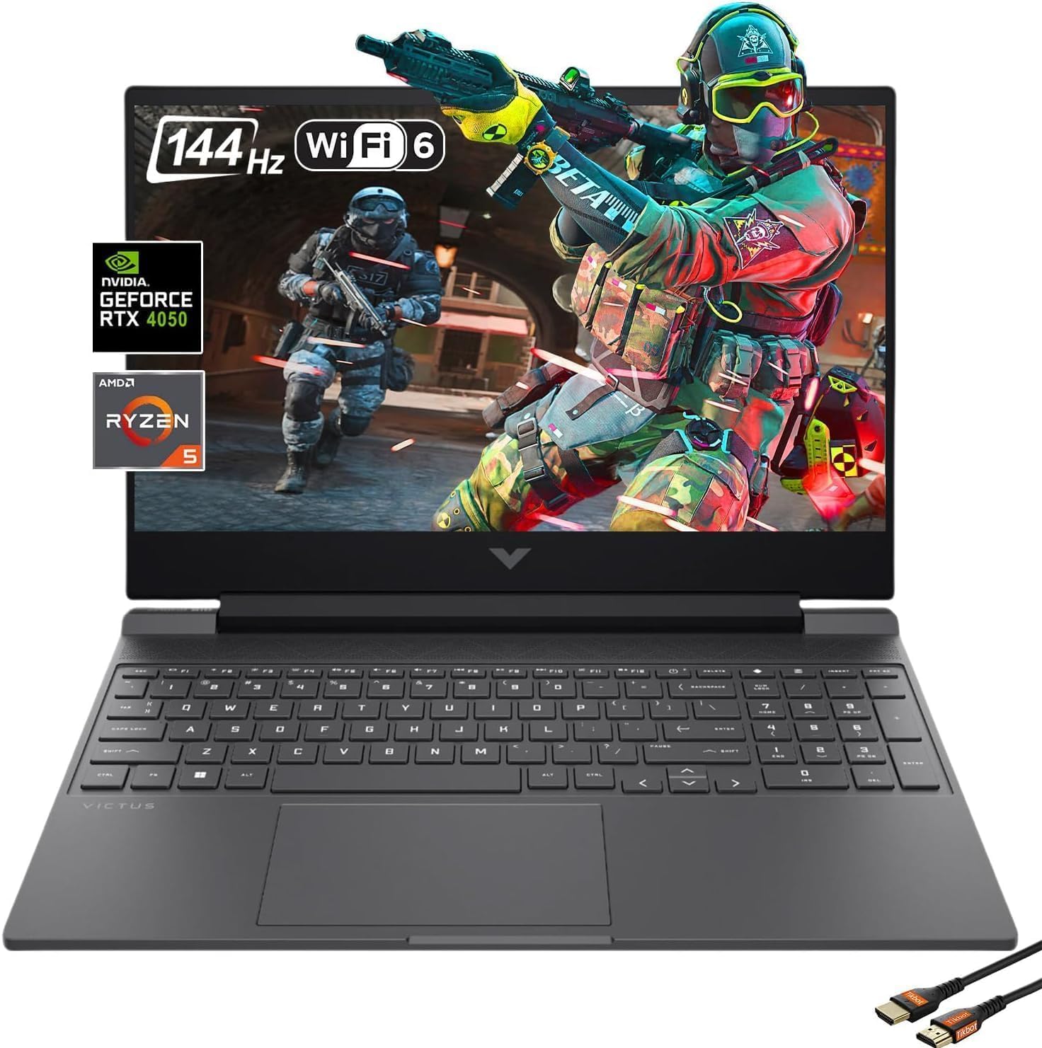 HP Victus Gaming Laptop, 15.6-inch FHD IPS 144Hz, AMD Ryzen 5-8645HS， NVIDIA GeForce RTX 4050, Backlit, HD Camera，w/HDMI Cable (Windows 11 Home, 32GB RAM |1TB PCIe SSD)