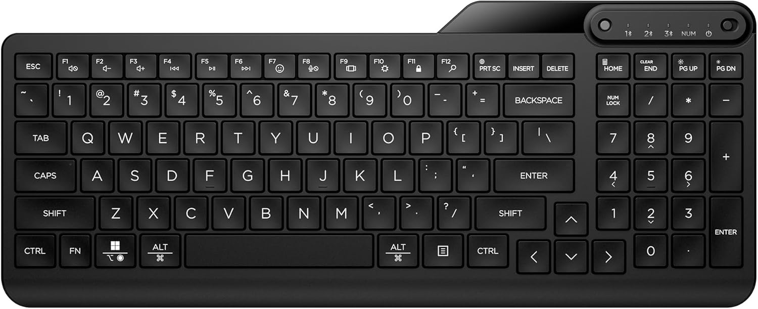 HP 460 Multi-Device Bluetooth Keyboard – Multi-OS Compatible – Full-Size Keyboard w/Numpad – 12 Programmable Buttons, Quick Switch Key – 24-Month, AAA Battery Life – Responsibly Made (Black)