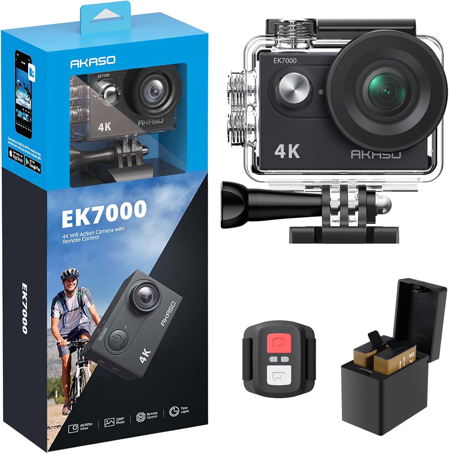 AKASO EK7000 4K30FPS 20MP WiFi Action Camera with EIS Ultra HD Underwater Camera 131FT Waterproof Camera Remote Control 4X Zoom in Photo Mode Support External Microphone Black