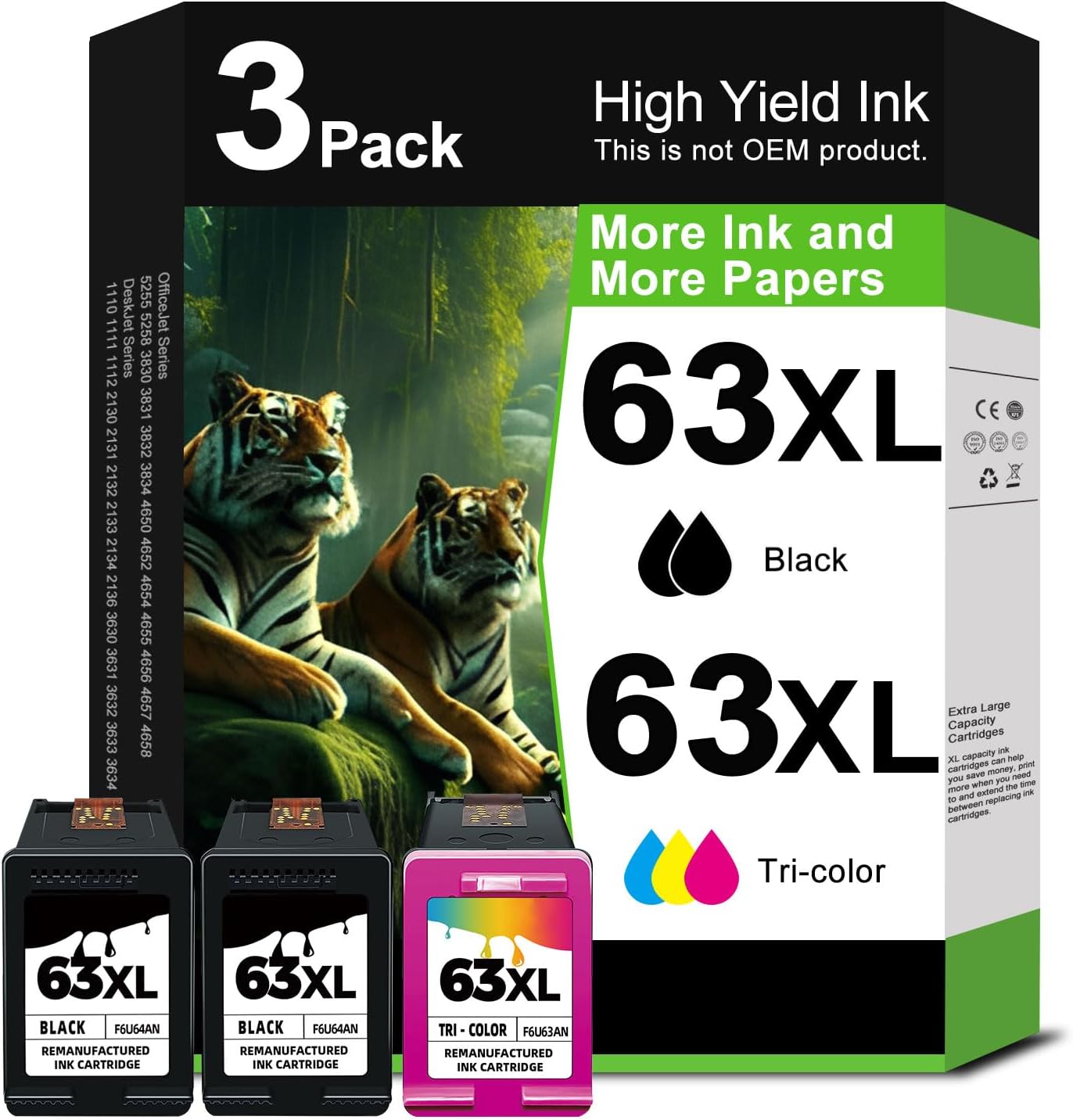 63XL Ink Cartridge Combo Pack (2 Black and 1 Color, 3-Pack) Replacement for HP Ink 63 XL HP63 to Envy 4520 4512 4510 Officejet 4650 5258 5200 3830 5255 4655 4652 5252 Deskjet 3630 3632 2132 Printer