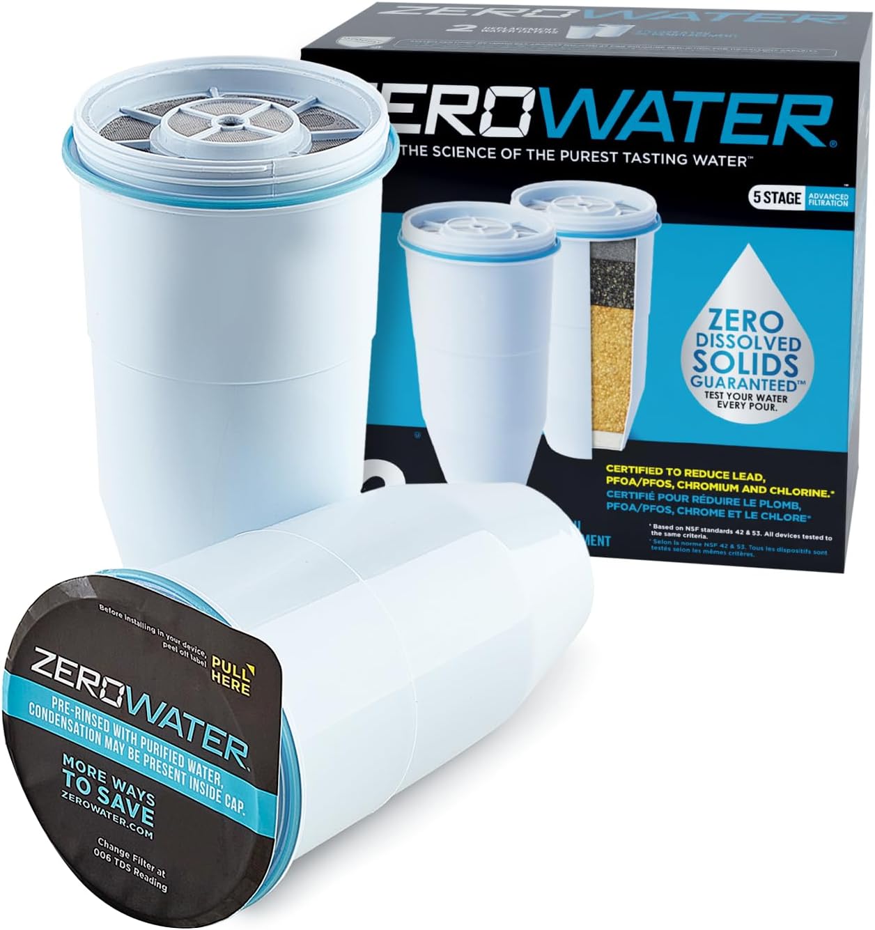 ZeroWater Official Replacement Filter – 5-Stage Filter Replacement 0 TDS for Improved Tap Water Taste – System NSF Certified to Reduce Lead, Chromium, and PFOA/PFOS, 2-Pack