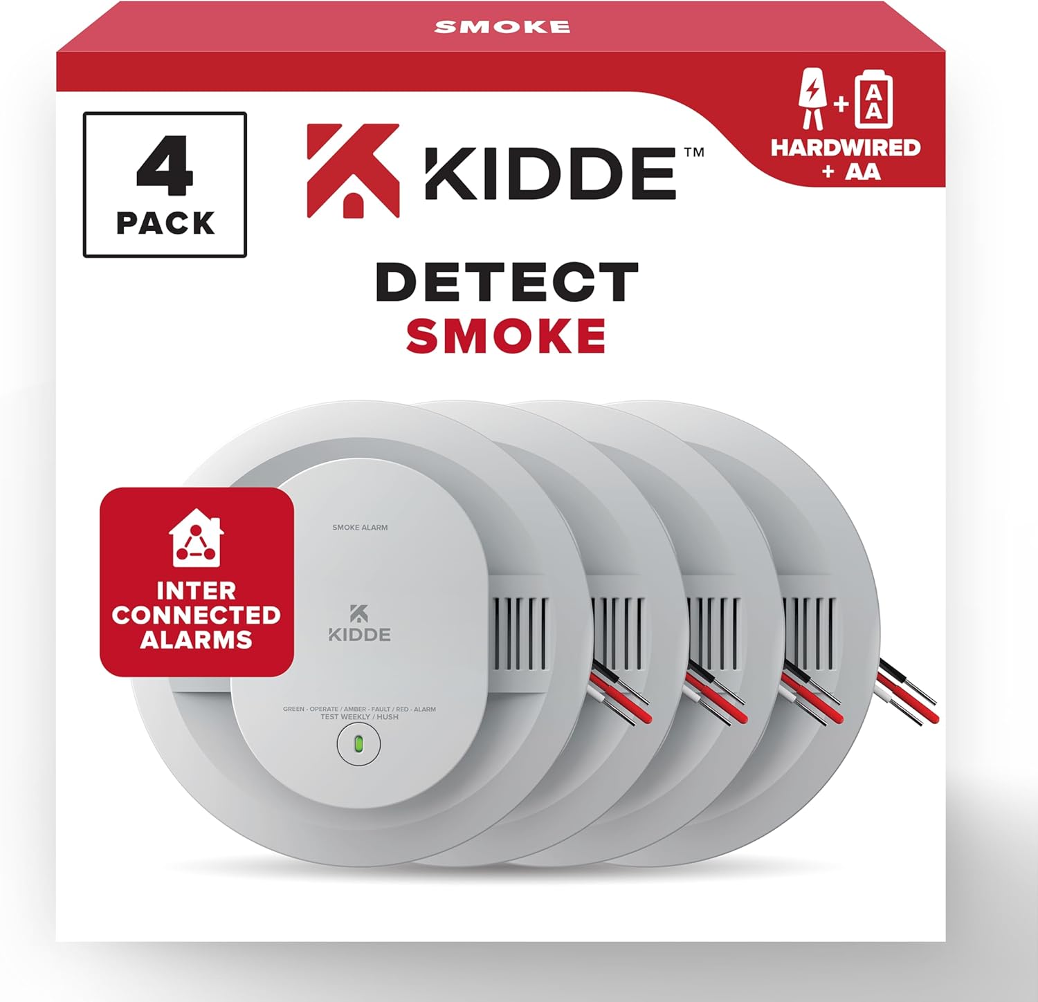 Kidde Hardwired Smoke Detector, AA Battery Backup, Interconnectable, LED Warning Light Indicators, 4 Pack