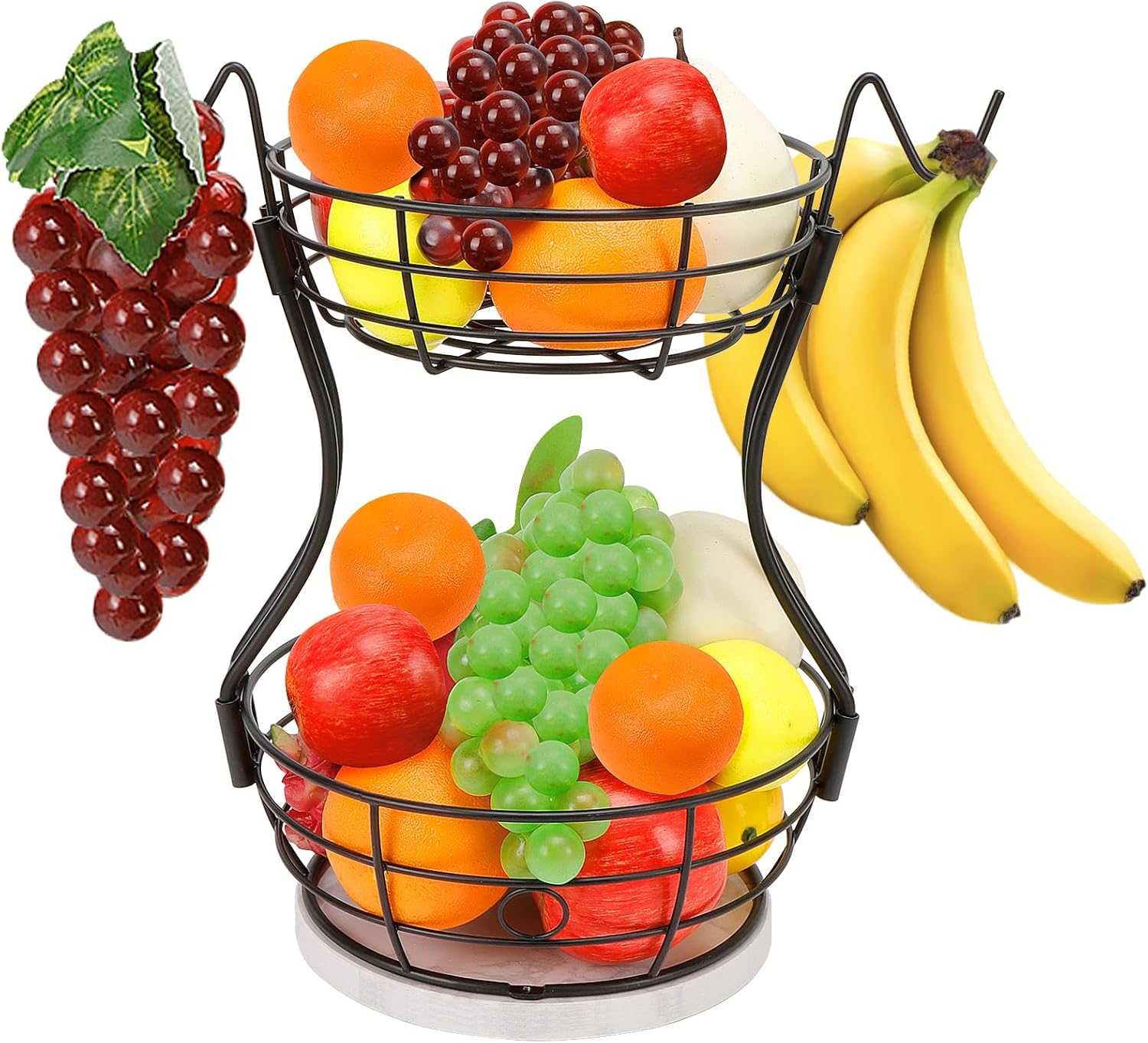 2 Tier Fruit Bowl, Luxurious Fruit Basket-Vegetable Holder, Super Capacity Thicken Metal Wire Basket with 2 Banana Hooks, Kitchen Countertop Fruit Vegetable Storage (Marble Base, Black)