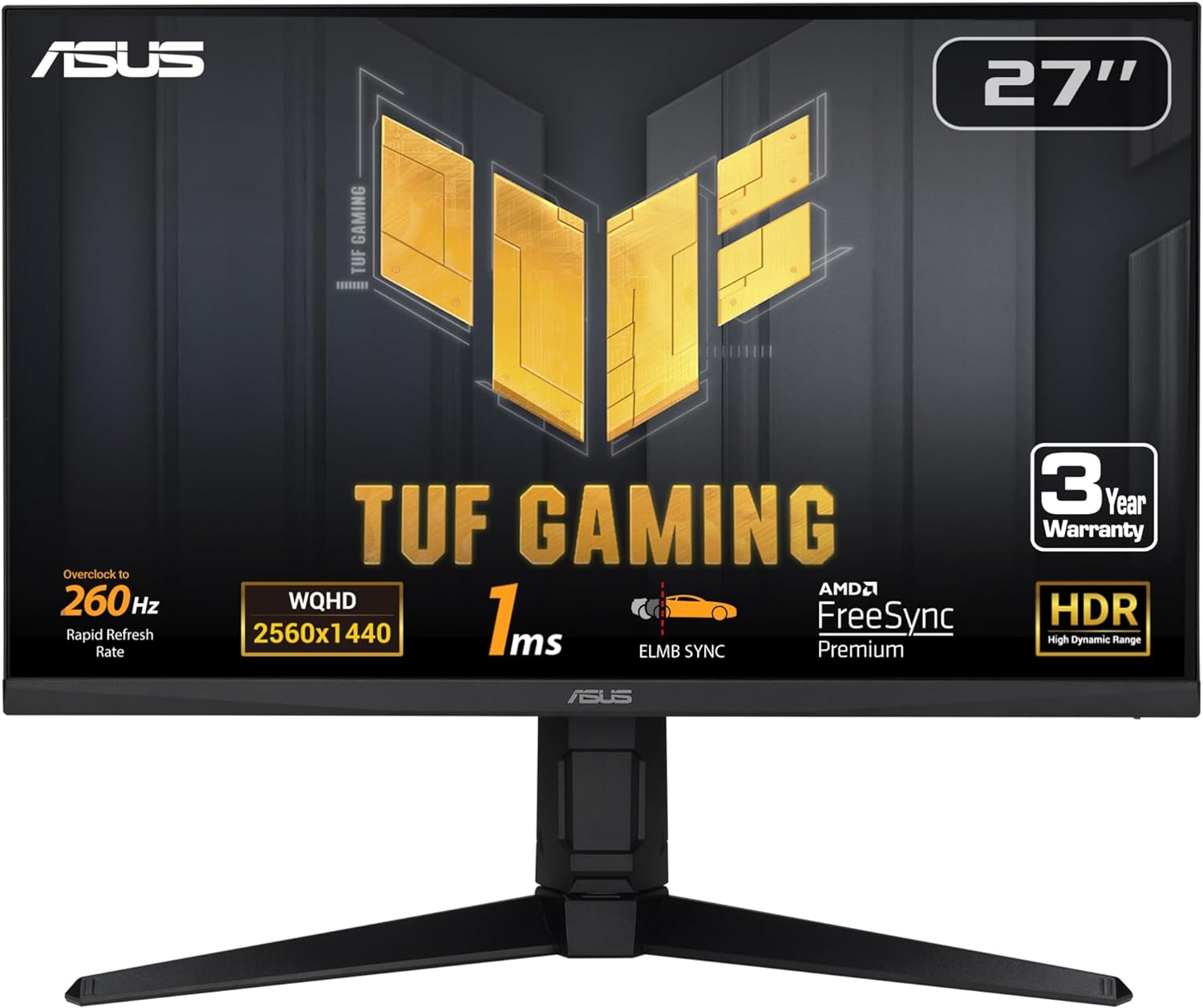 ASUS TUF Gaming 27” 1440P Gaming Monitor (VG27AQML1A) – QHD (2560 x 1440), 260Hz, 1ms, Fast IPS, Extreme Low Motion Blur Sync, G-SYNC compatible, FreeSync Premium, Variable Overdrive, DisplayHDR 40