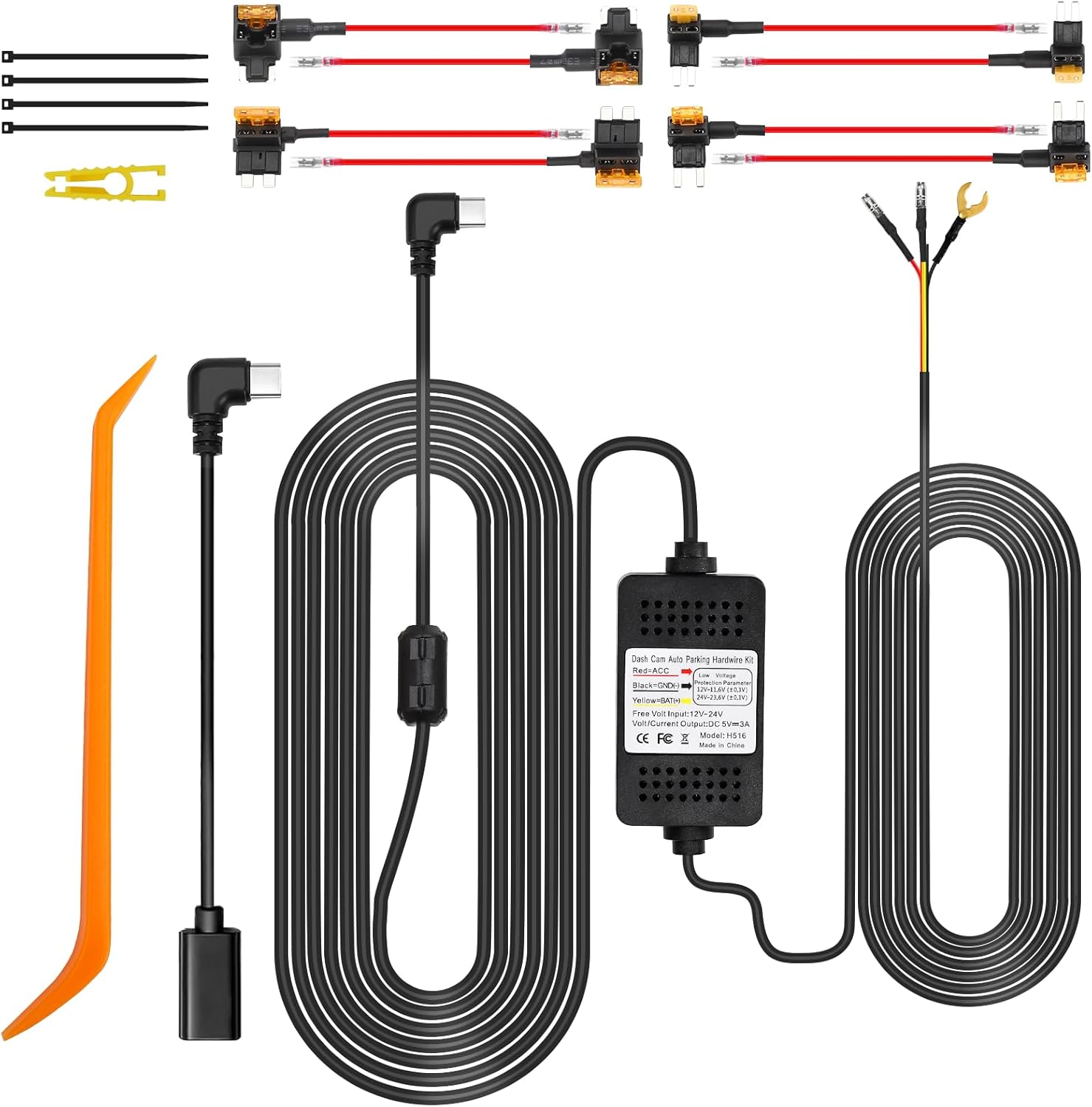 Dash Cam Hardwire Kit, 3-Lead Acc Hardwire Kit with USB C Port for Car DVR, 11.5ft Dashboard Camera Car Charger Cable Kit 12V-24V to 5V w/Fuse Kit, Low Voltage Protection for Dash Cam Double-4 Fuses