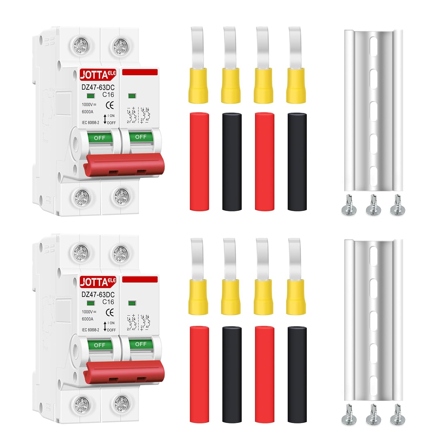 DC Miniature Circuit Breaker, 2 Pole 1000V 16 Amp Isolator for Solar PV System, Thermal Magnetic Trip, DIN Rail Mount (DC 2P 16A 2PCS)