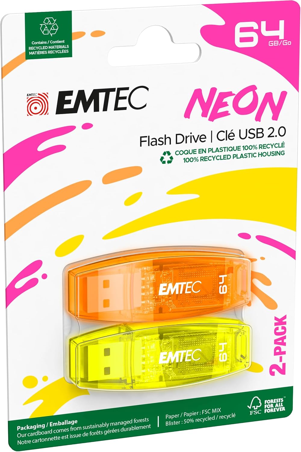 EMTEC C410 Neon 64GB Flash Drive – USB 2.0 – Transparent Neon with Cap, Pack of 2