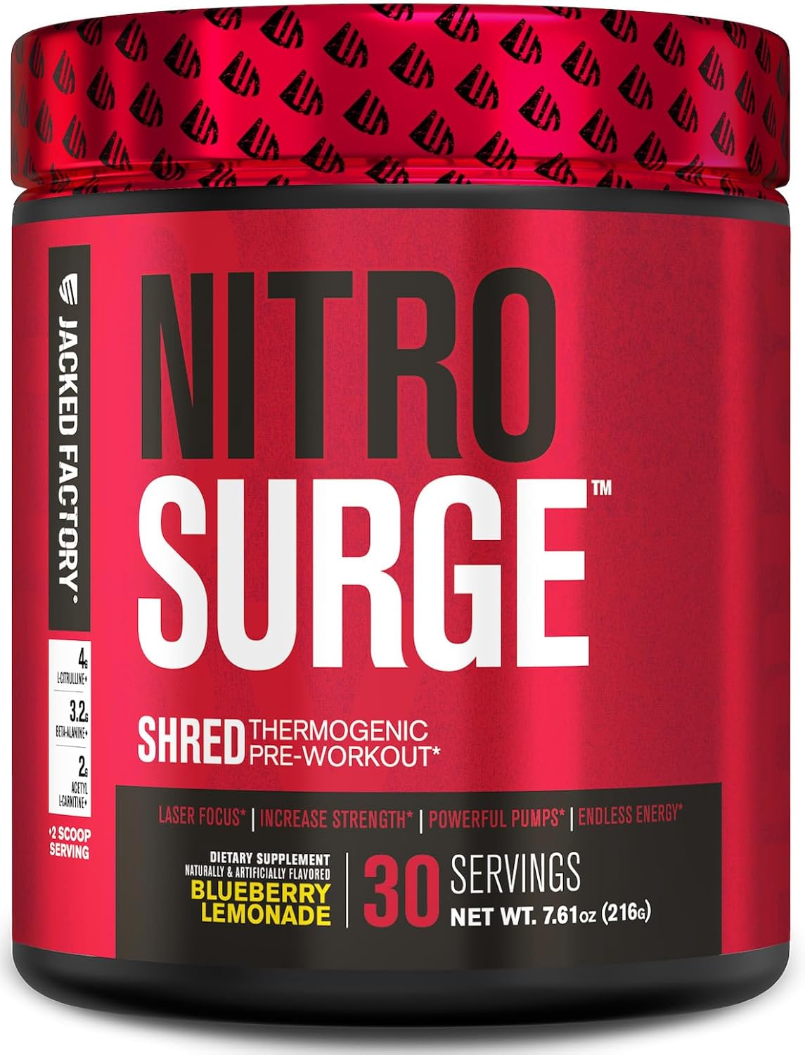 Jacked Factory NITROSURGE Shred Pre Workout Supplement – Energy Booster, Instant Strength Gains, Sharp Focus, Powerful Pumps – Nitric Oxide Booster & PreWorkout Powder – 30Sv, Blueberry Lemonade