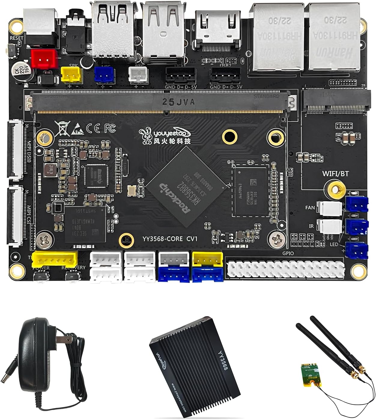 youyeetoo Dual GbE Low Power Arm Mainboard – YY3568 Basic Rockchip RK3568 – Support SATA 3.0, PCIe 3.0 SSD, USB Host x6 – Up to 4K@60Hz Video Output – AIoT Control/NAS/Single Board Computer (Kit D)