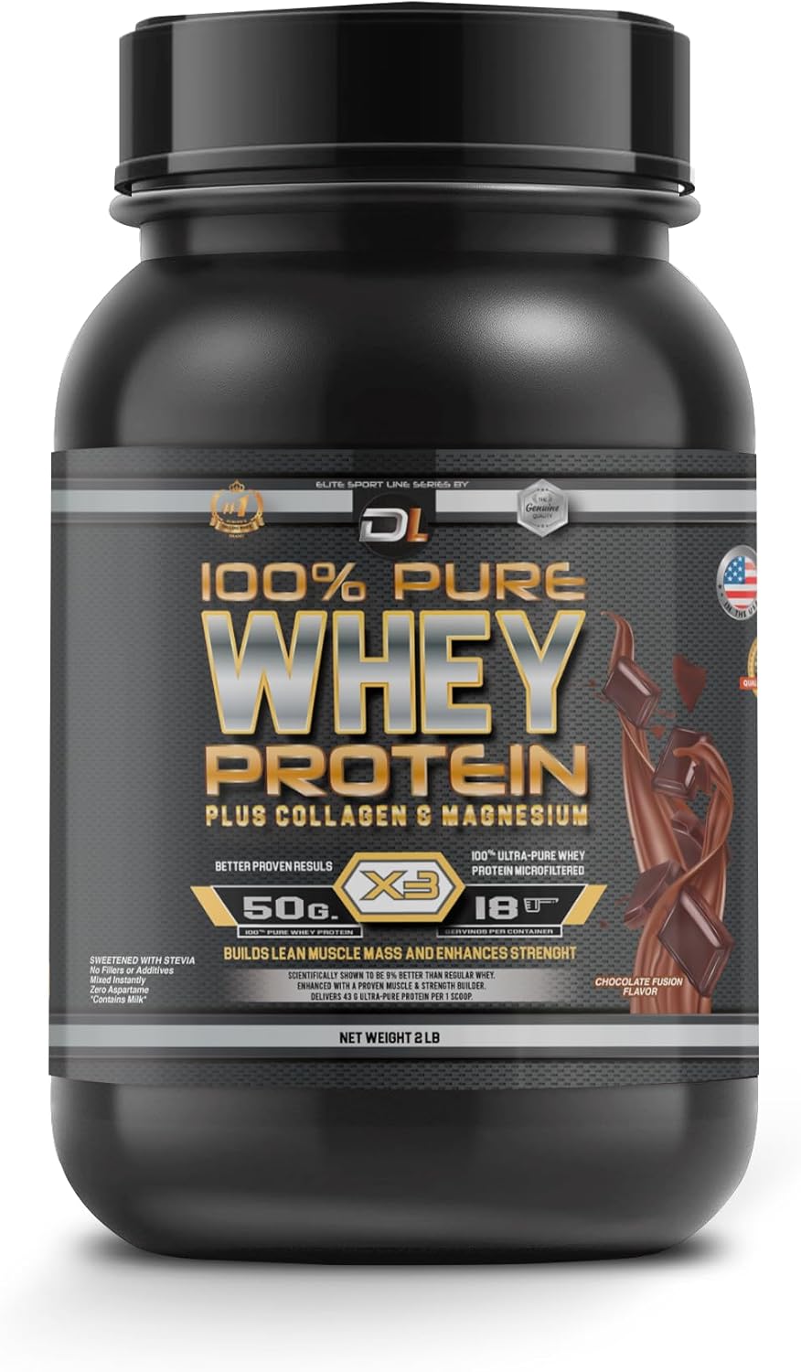 DL 100% Pure Whey Protein + Collagen + Magnesium | 43g. Protein & Essential BCAA´s | Muscle Gain, Recovery & Nutrient delivery | Low Fat Protein | Quik & Easy Mixing | 1 kg (1KG, Chocolate)