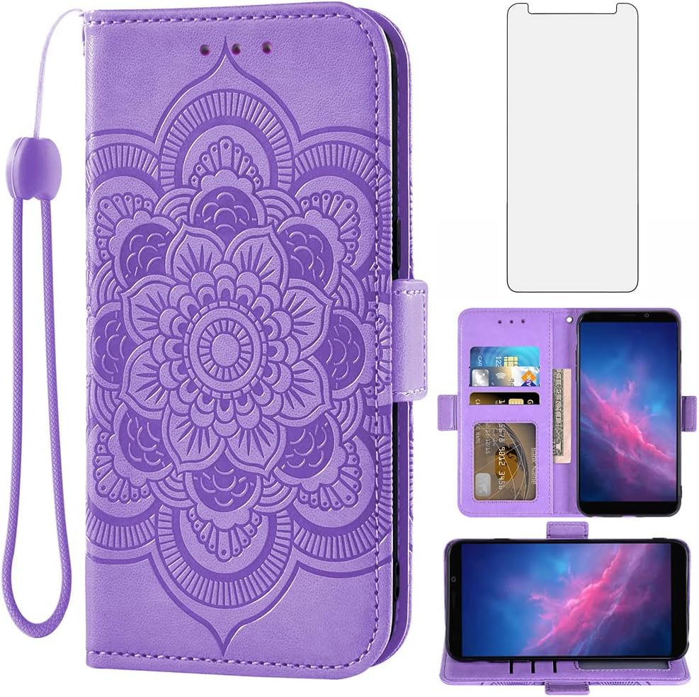 Asuwish Phone Case for Cloud Mobile Stratus C7 Wallet Cover with Tempered Glass Screen Protector and Leather Flip Credit Card Holder Stand Flower Folio Purse Cell Accessories C_7 C 7 Women Men Purple