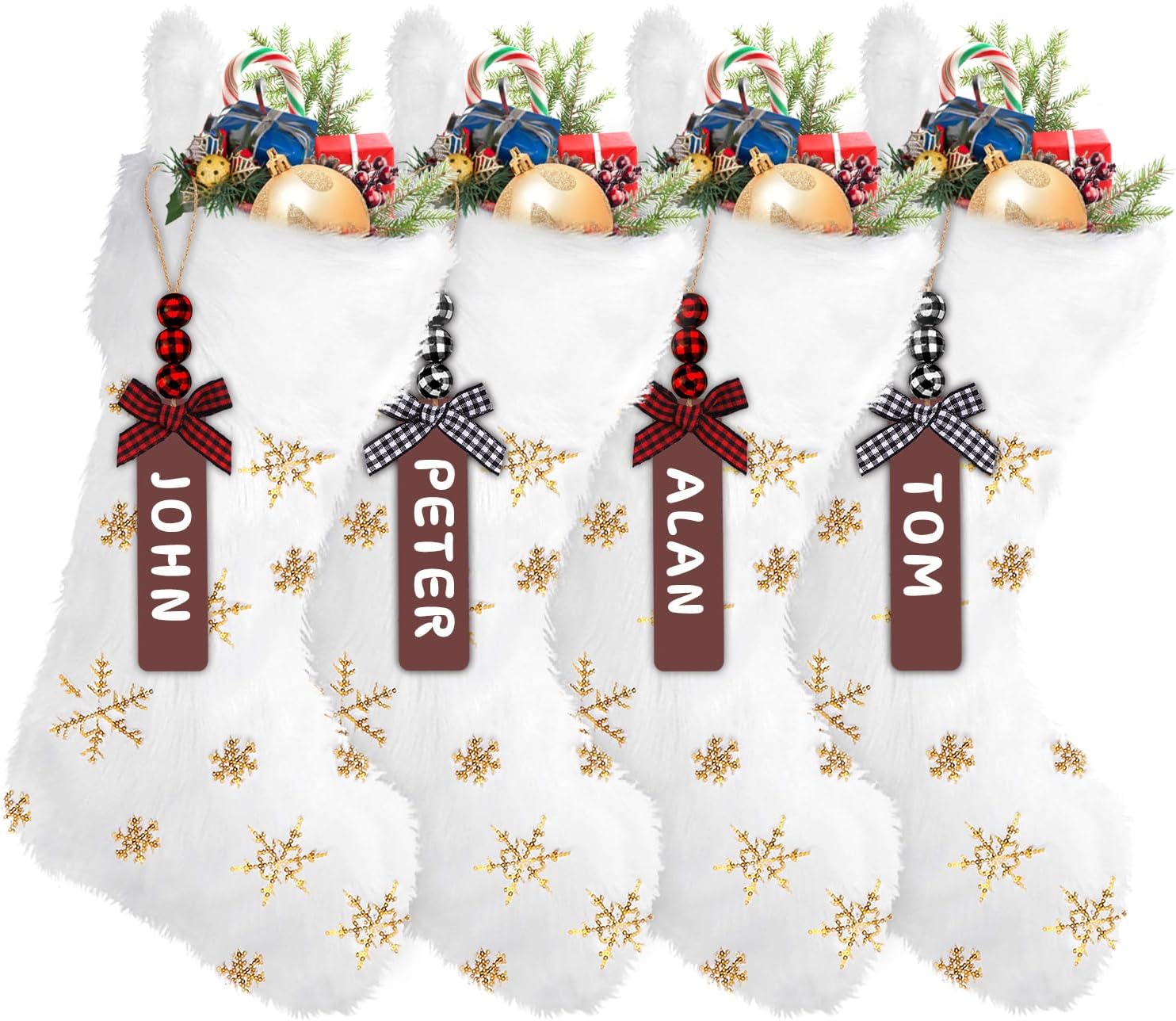 XIMISHOP 4 Pack Christmas Stockings, 18 Inch Large Faux Fur Sequin Snowflake Christmas Stockings，Snowy White Xmas Stockings Hanging Ornaments for Christmas Holiday New Year Decorations