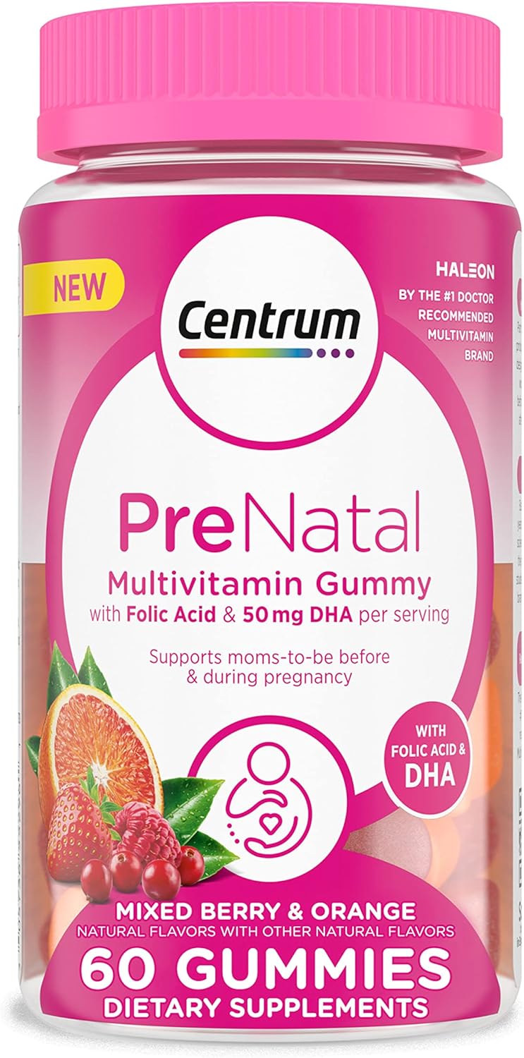 Centrum Prenatal Multivitamin Gummies with DHA and Folic Acid, Mixed Berry and Orange Flavors – 60 Count, 30 Day Supply