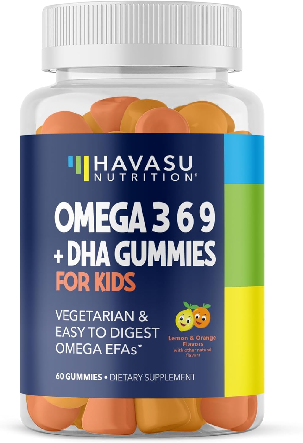 Omega 3 Kids Gummies | Omega 3-6-9 Vegetarian Plant-Based Fish Oil for Kids | EPA + DHA for Kids 2+ | Body & Brain Development | No Fishy Taste | Lemon & Orange Flavors | 60 Vegan Fish Oil Gummies