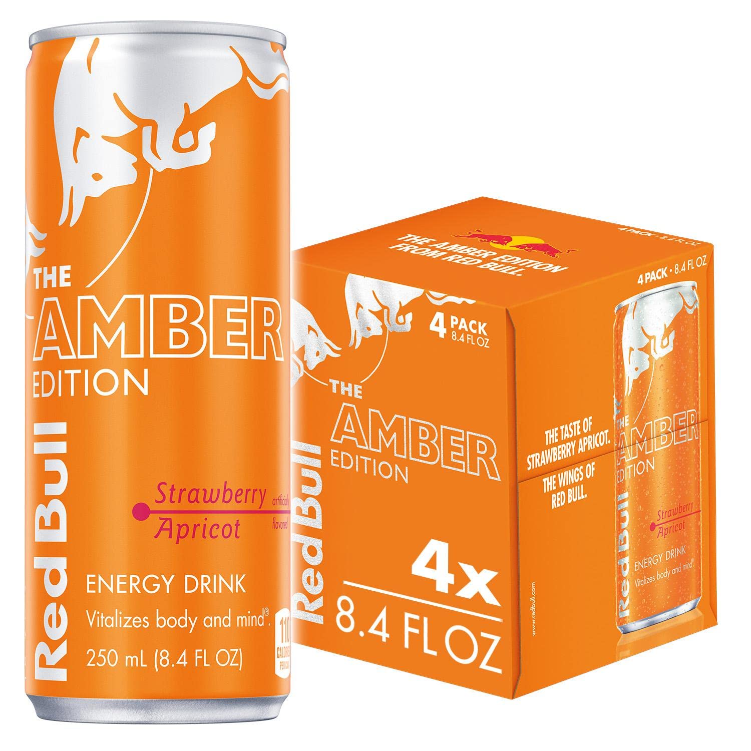 Red Bull Amber Edition Energy Drink, Strawberry Apricot, with 80mg Caffeine plus Taurine & B Vitamins, 8.4 Fl Oz, Pack of 4 Cans