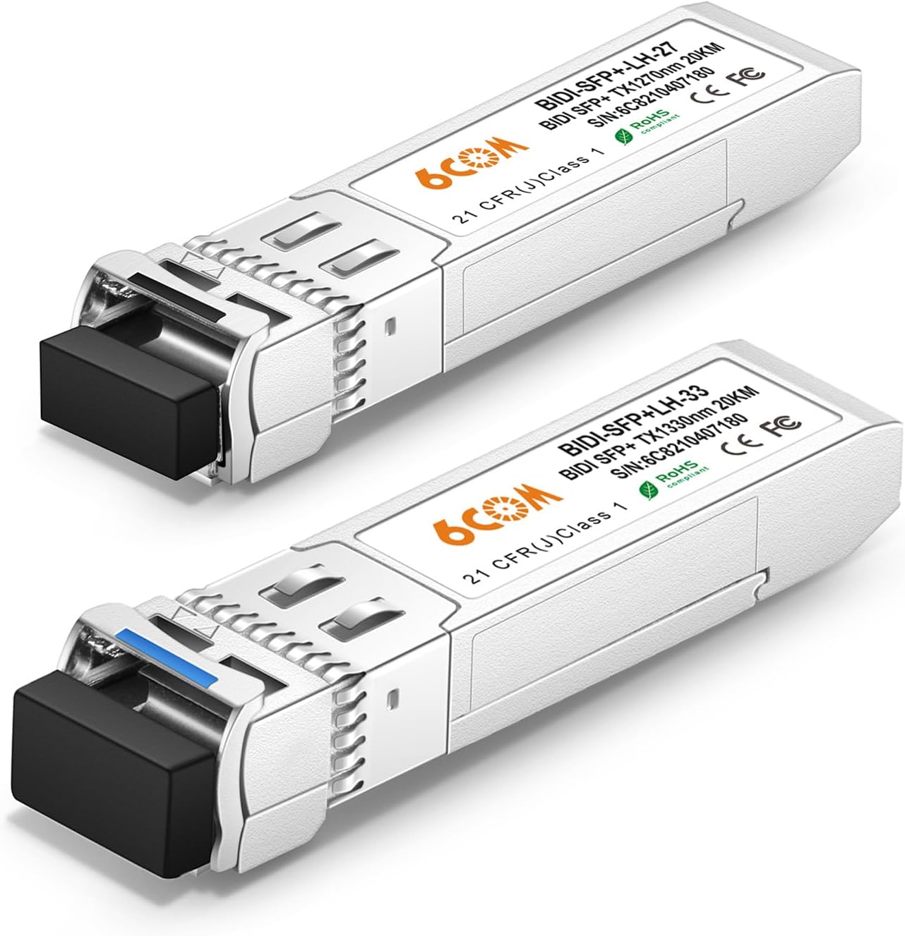 a Pair of 10G SFP+ Bidi Transceiver, 10GBase-BIDI 1270nm/1330nm SMF, up to 20km, Compatible with Cisco, Ubiquiti, D-Link, Supermicro, Netgear and Other Open Switches