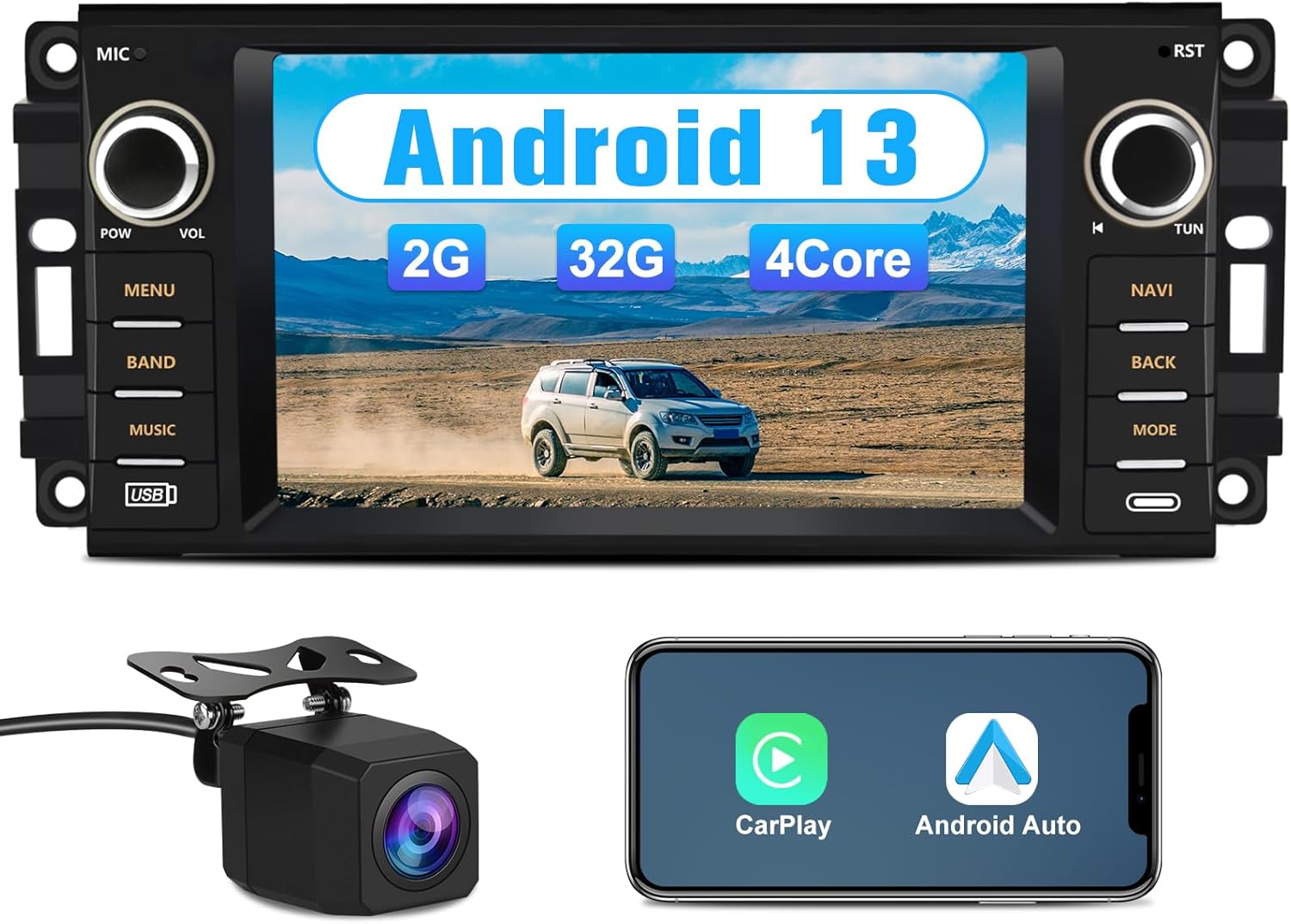 Android 13 Car Radio Stereo for Jeep Wrangler Dodge RAM Avenger Challenger Chrysler, 7 Inch Touch Screen with Wireless CarPlay Android Auto Backup Camera