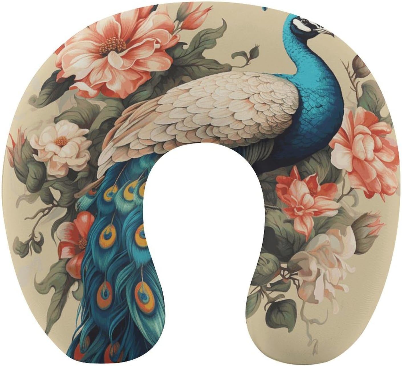 Travel Pillow Peacock and Flowers Printed Portable Neck Support Pillow Head Neck Support Travel Pillow for Planes, Trains, Self-Driving Cars