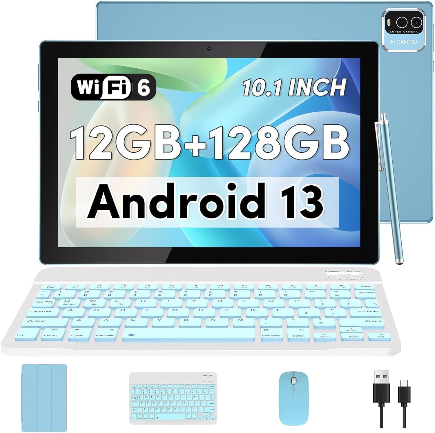 Android 13 Tablet with Keyboard, 10 inch 2 in 1 Tablets, 12GB RAM+128GB ROM 2.0Ghz CPU Tableta, 2.4G/5G WiFi6 BT 5.0 Tablet PC, 1280*800 HD Tablet with Case Mouse Stylus Film, 6000mah Battery Tablet