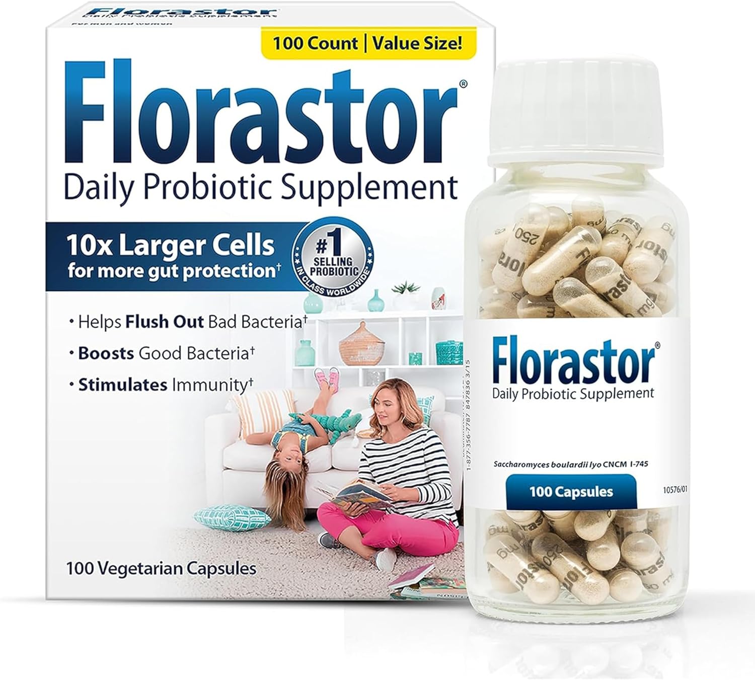 Florastor Probiotics for Digestive & Immune Health, 100 Capsules, Probiotics for Women & Men, Dual Action Helps Flush Out Bad Bacteria & Boosts The Good with Our Unique Strain Saccharomyces Boulardii