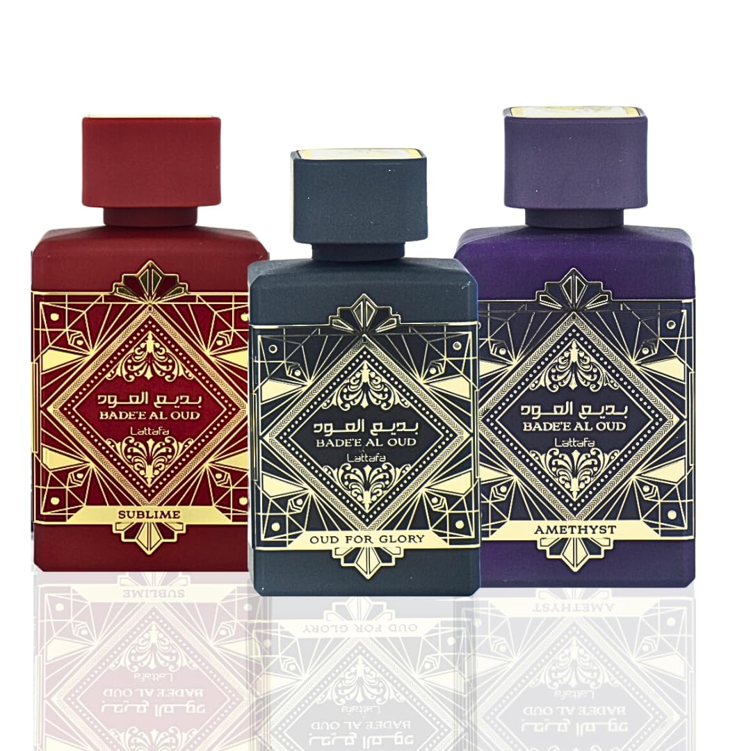 Lattafa Perfumes Bade’e Al Oud for Unisex 3 Piece Eau de Parfum Gift Set (Oud For Glory + Amethyst + Sublime) 3.4 Ounce/100 ml each