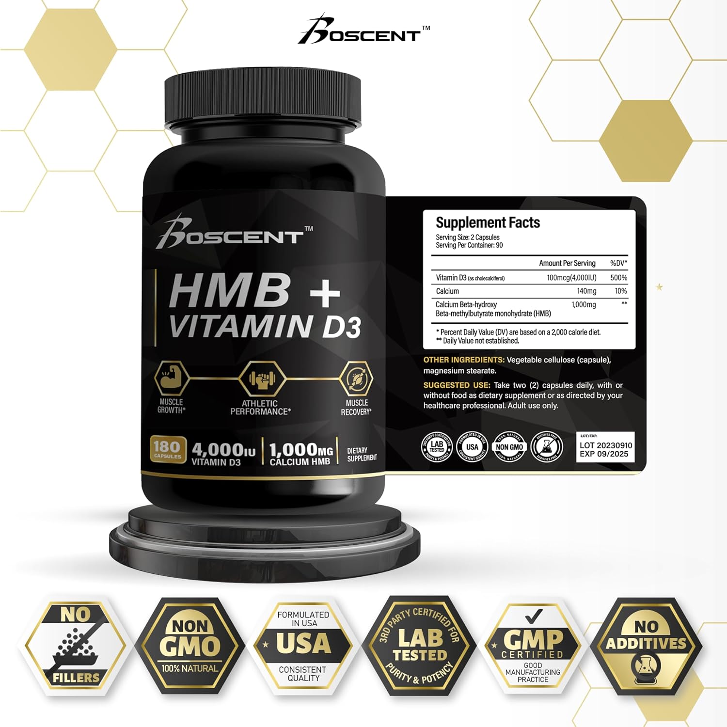 HMB and Vitamin D3 Supplement – 1,000 MG HMB Supplements with 4,000 UI of D3 and Calcium for Muscle Growth, Strength, and Recovery. B-Hydroxy B-Methylbutyrate Butyrate, 180 Capsules (3 Month)