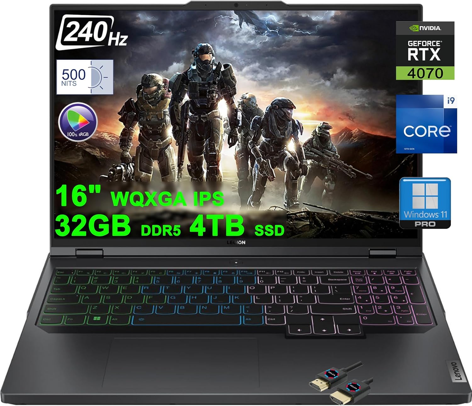 Lenovo Legion Pro 5 Gaming Laptop | 16″ WQXGA IPS 240Hz (500nits 100% sRGB HDR400) | Intel 24-core i9-13900HX | 32GB DDR5 4TB SSD | GeForce RTX 4070 8GB | RGB Backlit Win11Pro Black + HDMI Cable