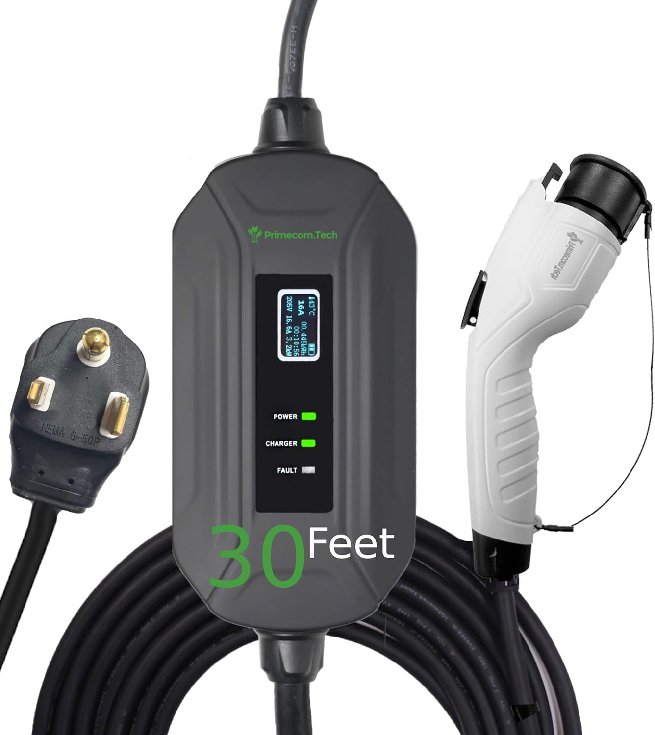 PRIMECOM Level 2 Electric Vehicle (EV) Charger (220V / 240Volt, 16Amp) Portable EVSE Smart Electric Car Charger, 30′, 40′, and 50 Feet Lengths (NEMA 6-50P, 30 Feet)