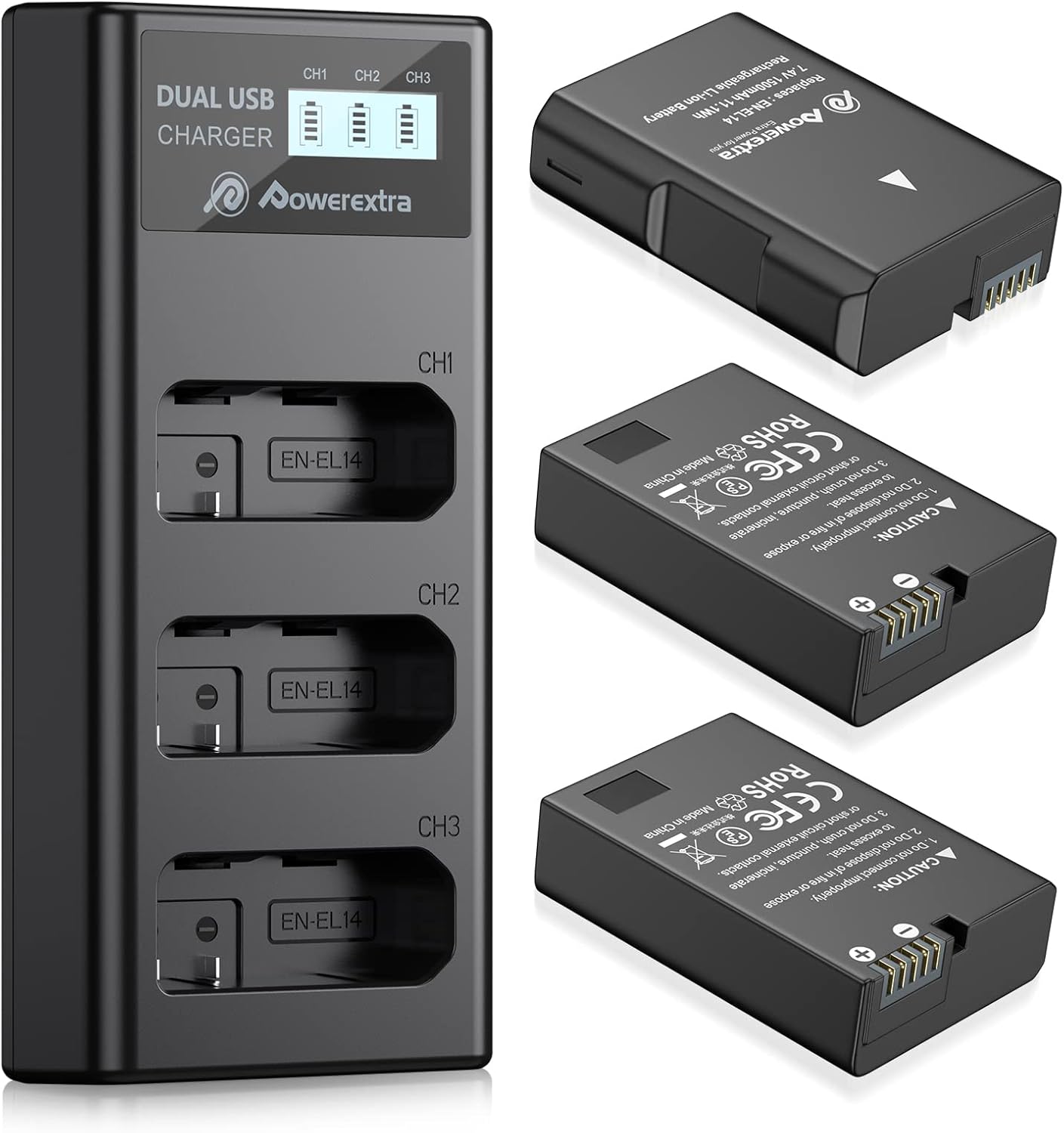 Powerextra 3 x EN-EL14 EN-EL14a Battery & LCD Triple Charger Compatible with Nikon D5600 D5500 D5300 D5200 D5100 D3500 D3400 D3300 D3200 D3100 Df Coolpix P7800 P7700 P7200 P7100 P7000