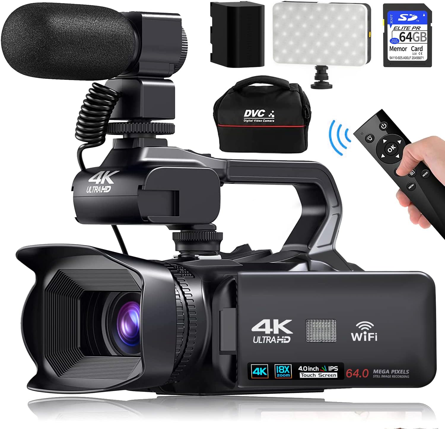 4K Video Camera Camcorder, 64MP 60FPS Vlogging Camera for YouTube, 4.0 Inch Touchscreen Video Recorder, HD WiFi Video Camera with 4500mAh Battery, 64G SD Card, Stabilizer, Mic, Remote Control, Charger