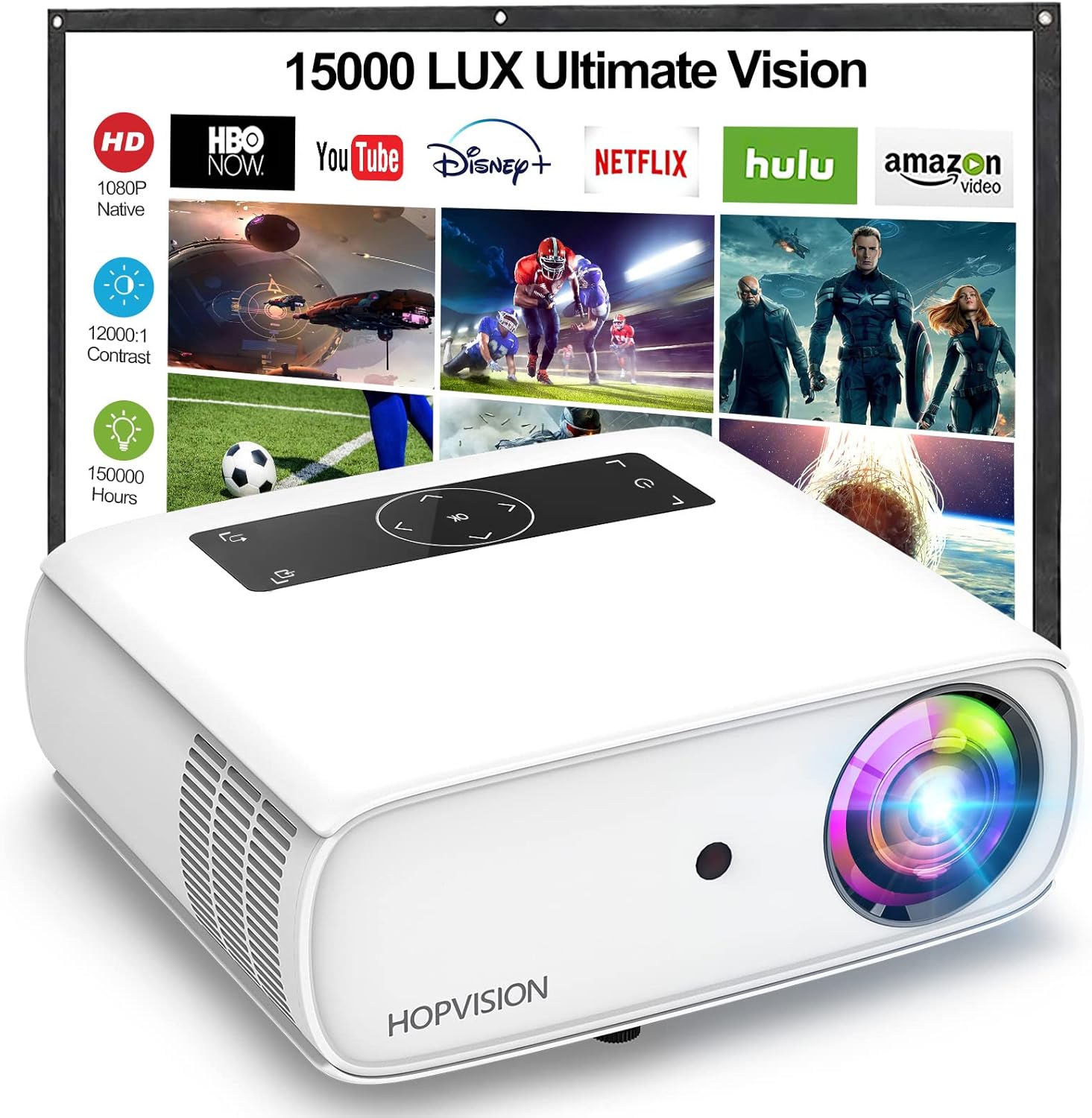 Native 1080P Projector Full HD, 15000Lux Movie Projector with 150000 Hours LED Lamp Life, Support 4K 350″ Home Outdoor Projector for Smartphone/PC/Laptop/ PS4/ TV Stick/EXCEL/PPT