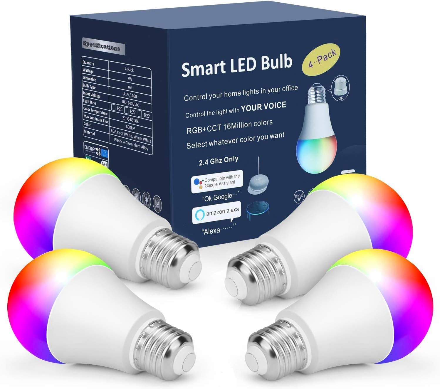 Smart Light Bulbs,Color Changing Light Bulbs That Work with Alexa and Google Assistant,2.4GHz WiFi & Bluetooth Music Sync Multicolor LED Bulbs,7W(60W Eqv.) E26 A19 for Smart Home Lighting-4PACK