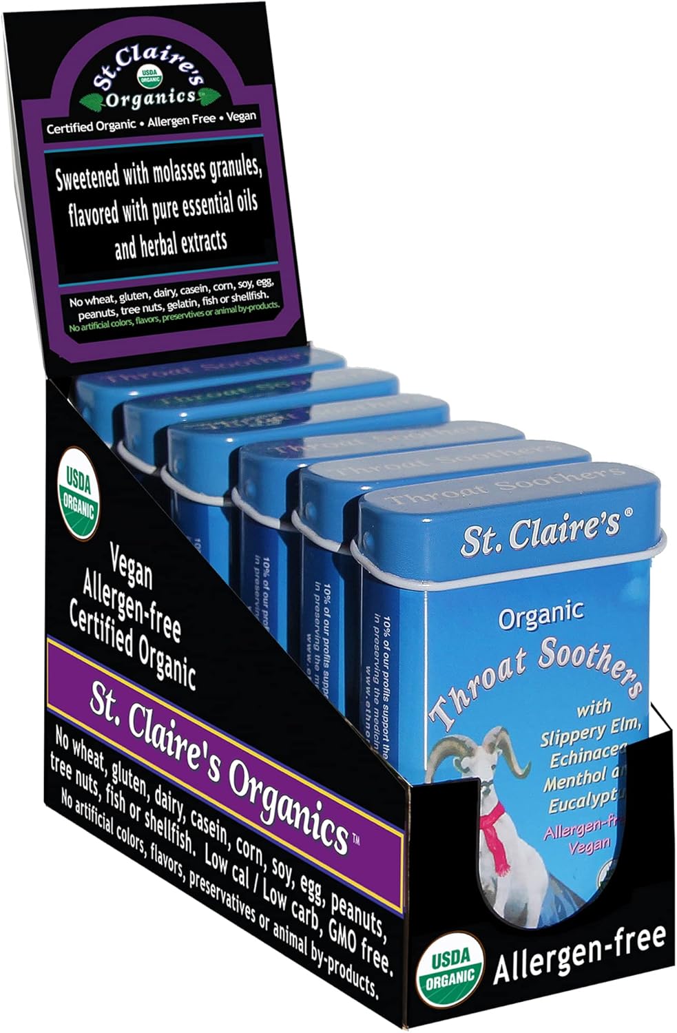 St. Claire’s Organics Throat Soothers, (1.5 Ounce Tin, Pack of 6) | Gluten-Free, Vegan, GMO-Free, Plant-Based, Allergen-Free | Made in Our Allergen-Free Facility