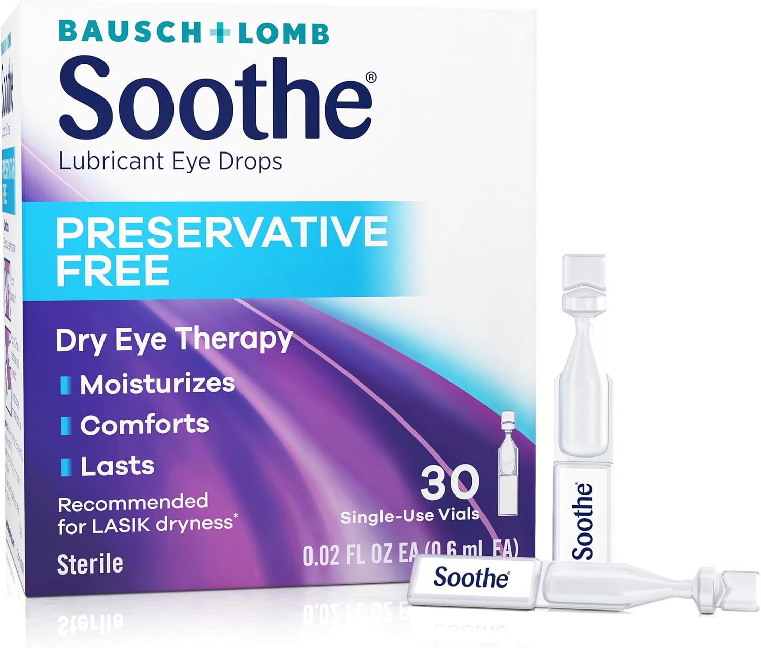 Soothe Preservative Free Lubricant Eye Drops, Long-Lasting Dry Eye Relief, Moisturizing & Comforting, Suitable for Sensitive Eyes, Single Use Vials, 30 Count